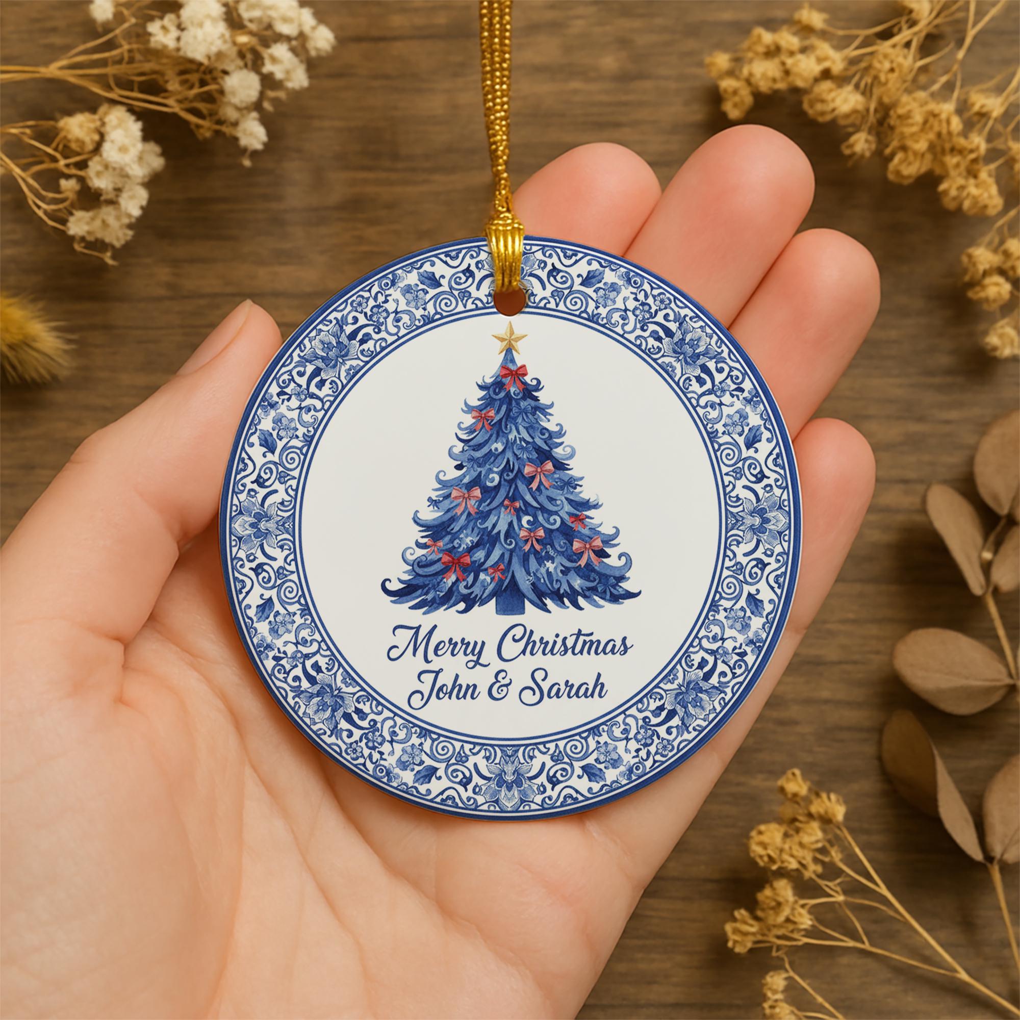 Personalized Round Ceramic Christmas Ornament — Custom Name and Tree Design — Blue & White Floral Decoration