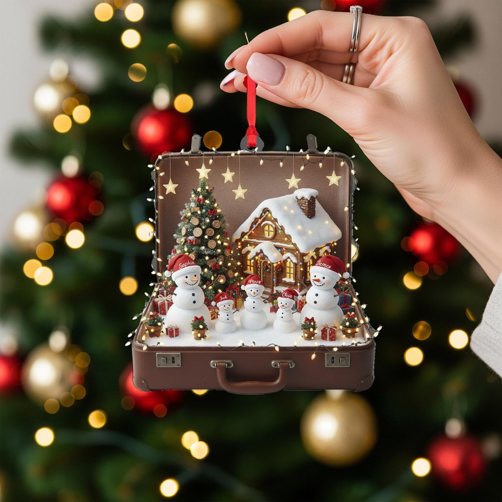 Personalized Snowman Ornament – Suitcase Design with Christmas Tree and House
