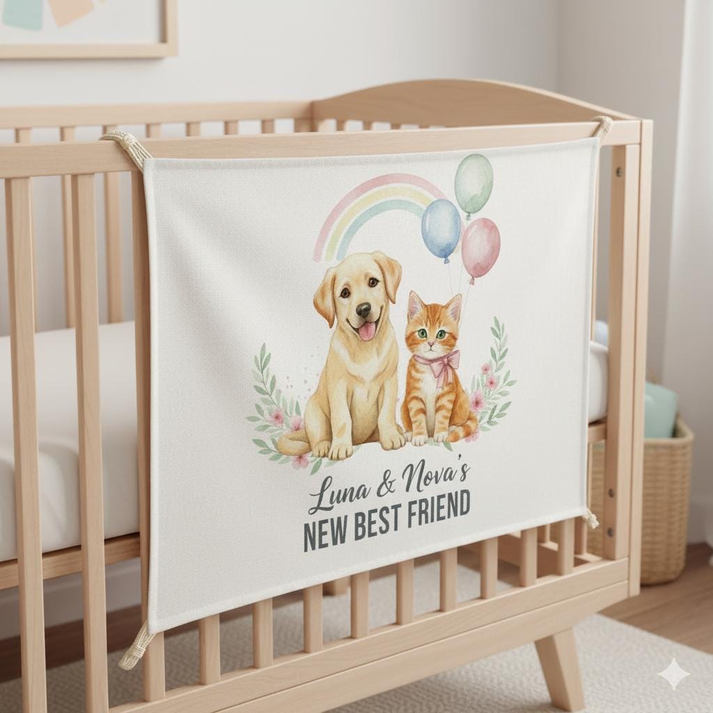 Personalized Baby Tapestry, Custom Pet and Rainbow Nursery Wall Hanging Decor