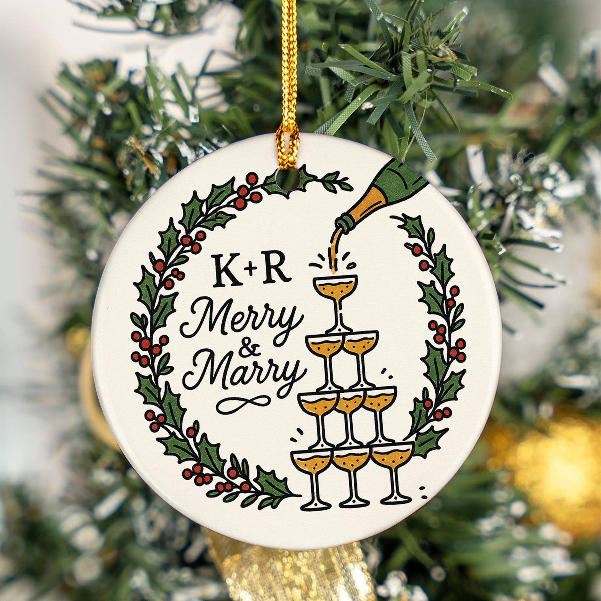 Custom Ceramic Ornament – “Merry & Marry” Name Initials and Champagne Design