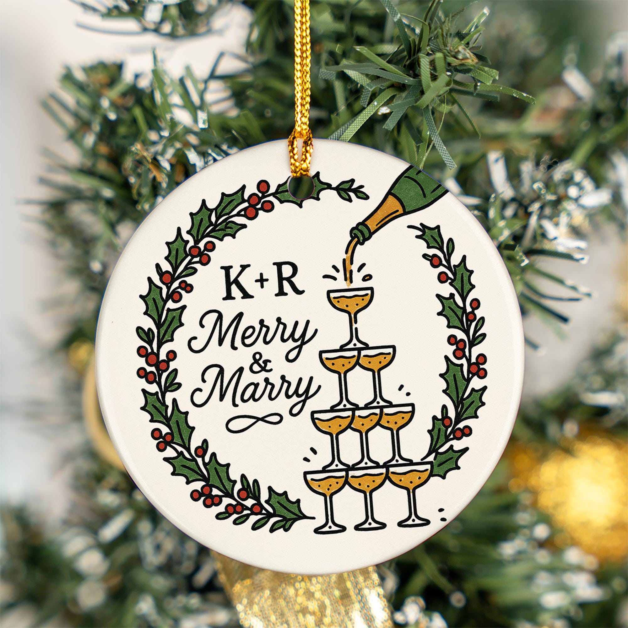 Custom Ceramic Ornament – “Merry & Marry” Name Initials and Champagne Design