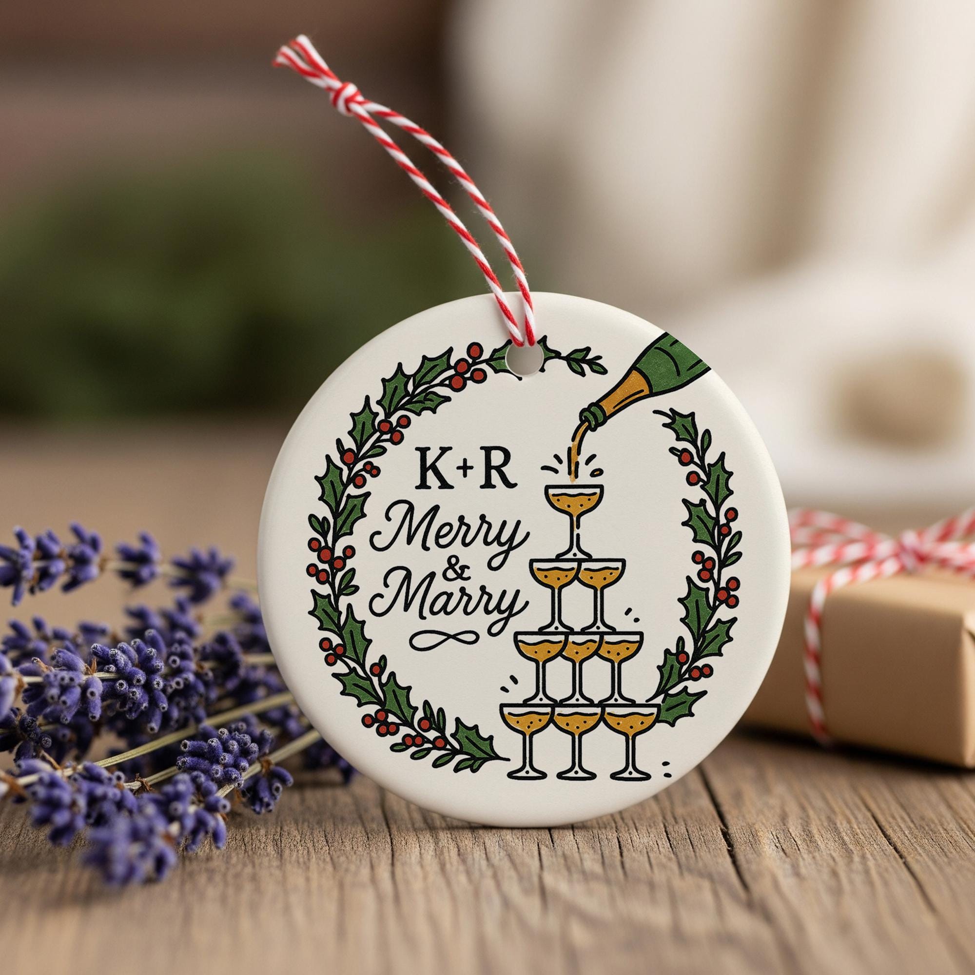 Custom Ceramic Ornament – “Merry & Marry” Name Initials and Champagne Design