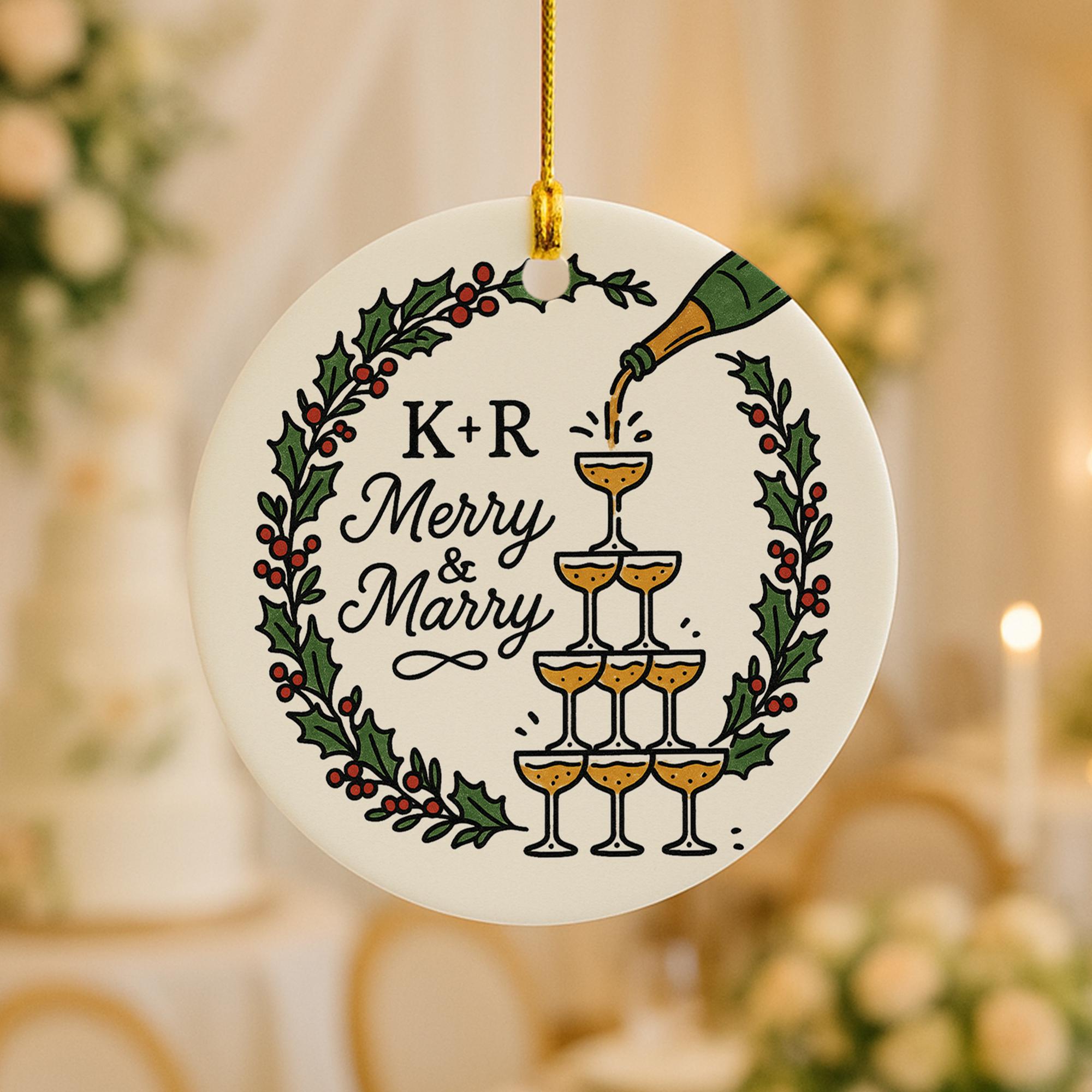 Custom Ceramic Ornament – “Merry & Marry” Name Initials and Champagne Design