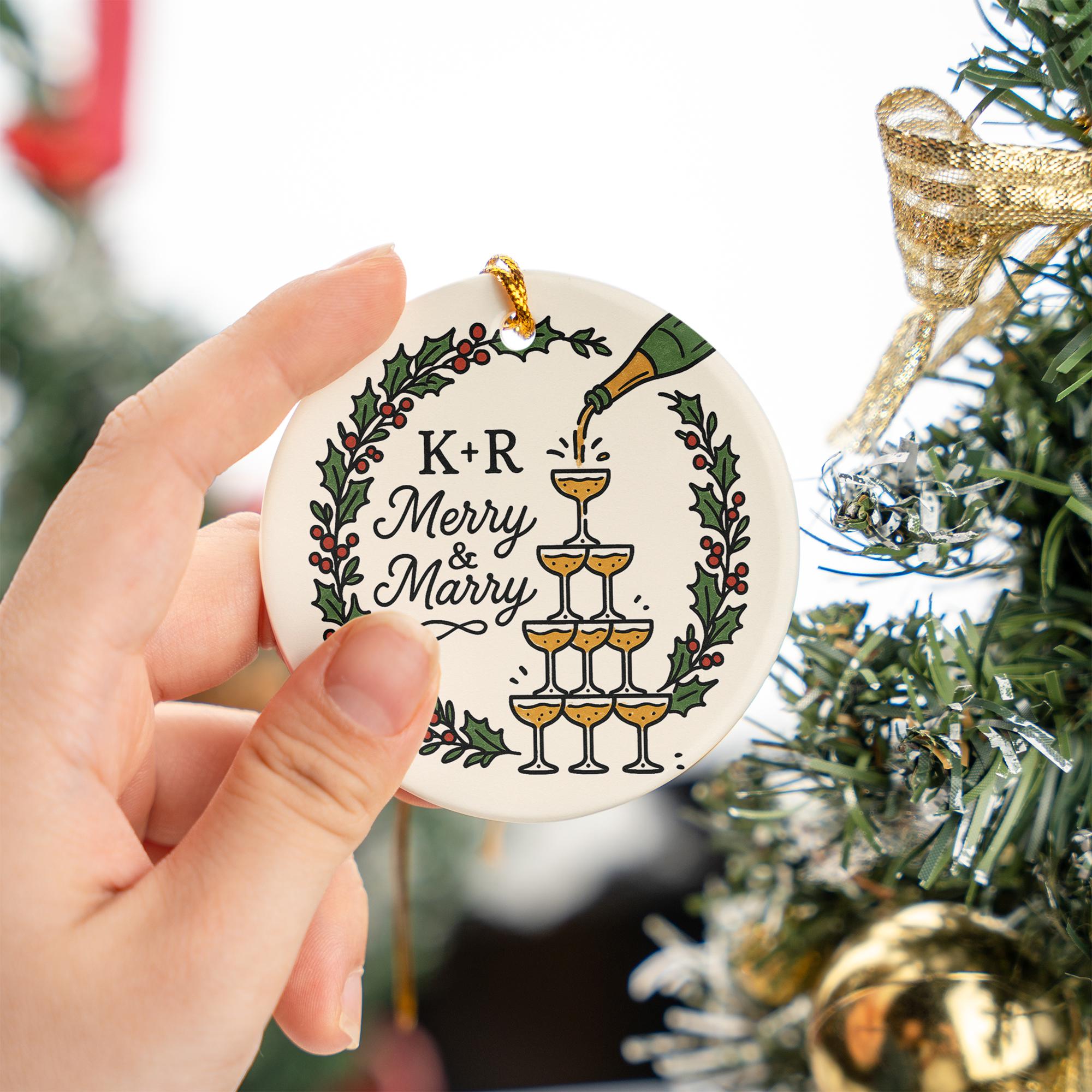 Custom Ceramic Ornament – “Merry & Marry” Name Initials and Champagne Design