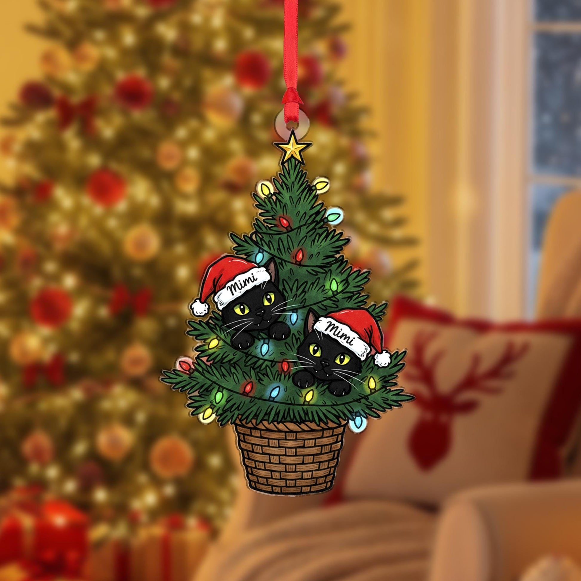 Christmas Tree Cat Ornament – Personalized Black Cat Santa Hat