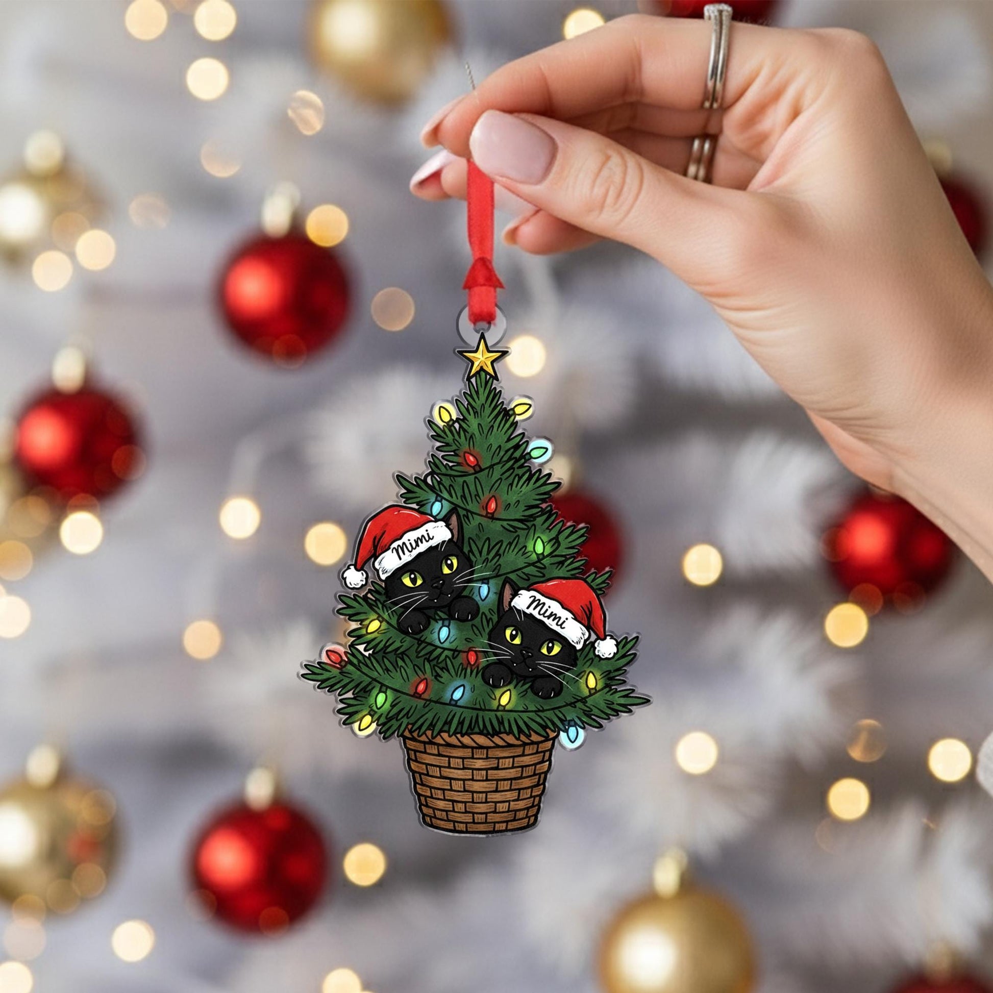 Christmas Tree Cat Ornament – Personalized Black Cat Santa Hat