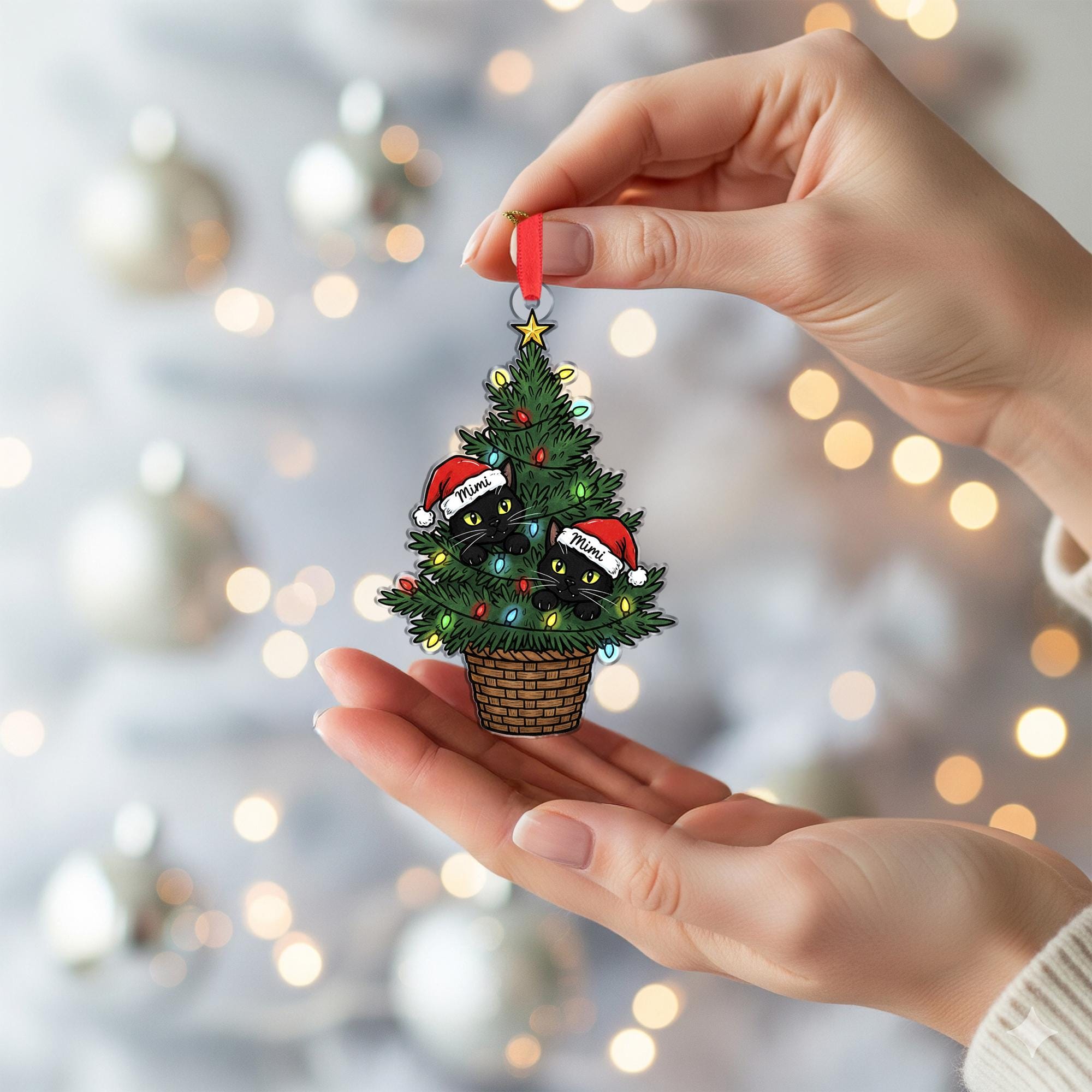 Christmas Tree Cat Ornament – Personalized Black Cat Santa Hat