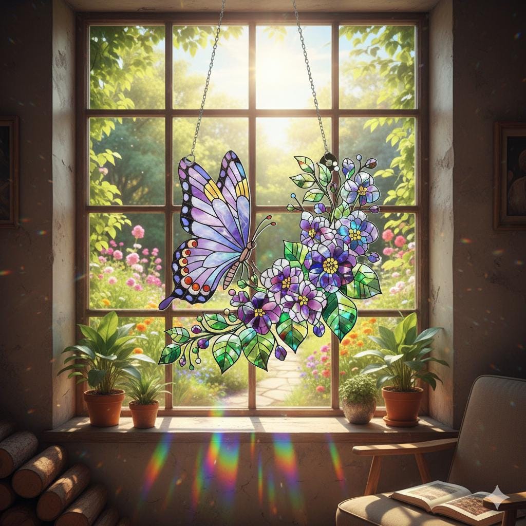 Butterfly Violet Window Hanging, Suncatcher, Floral Acrylic Panel