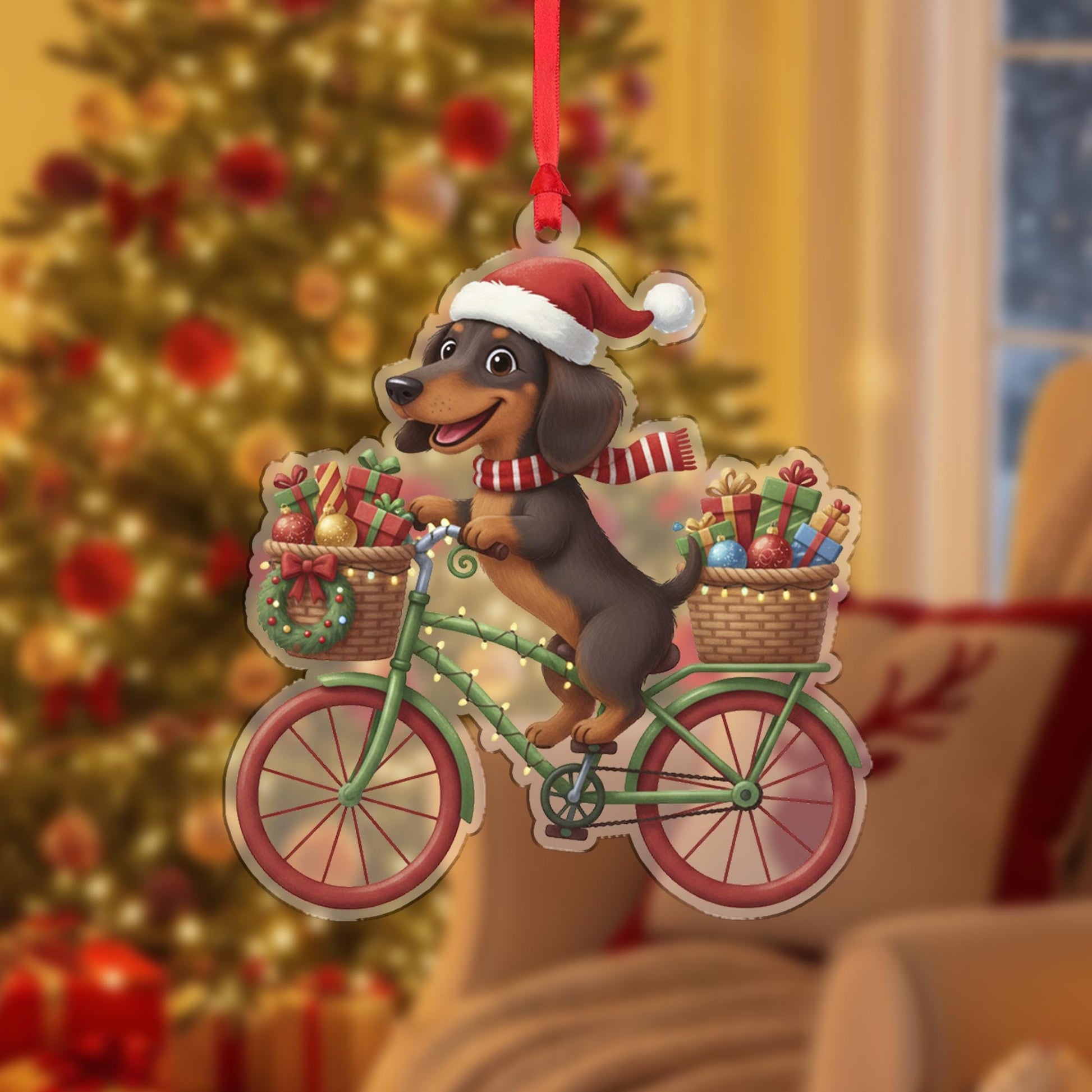 Personalized Dachshund Ornament: Christmas Dog on Bicycle with Gifts, Holiday Tree Decoration