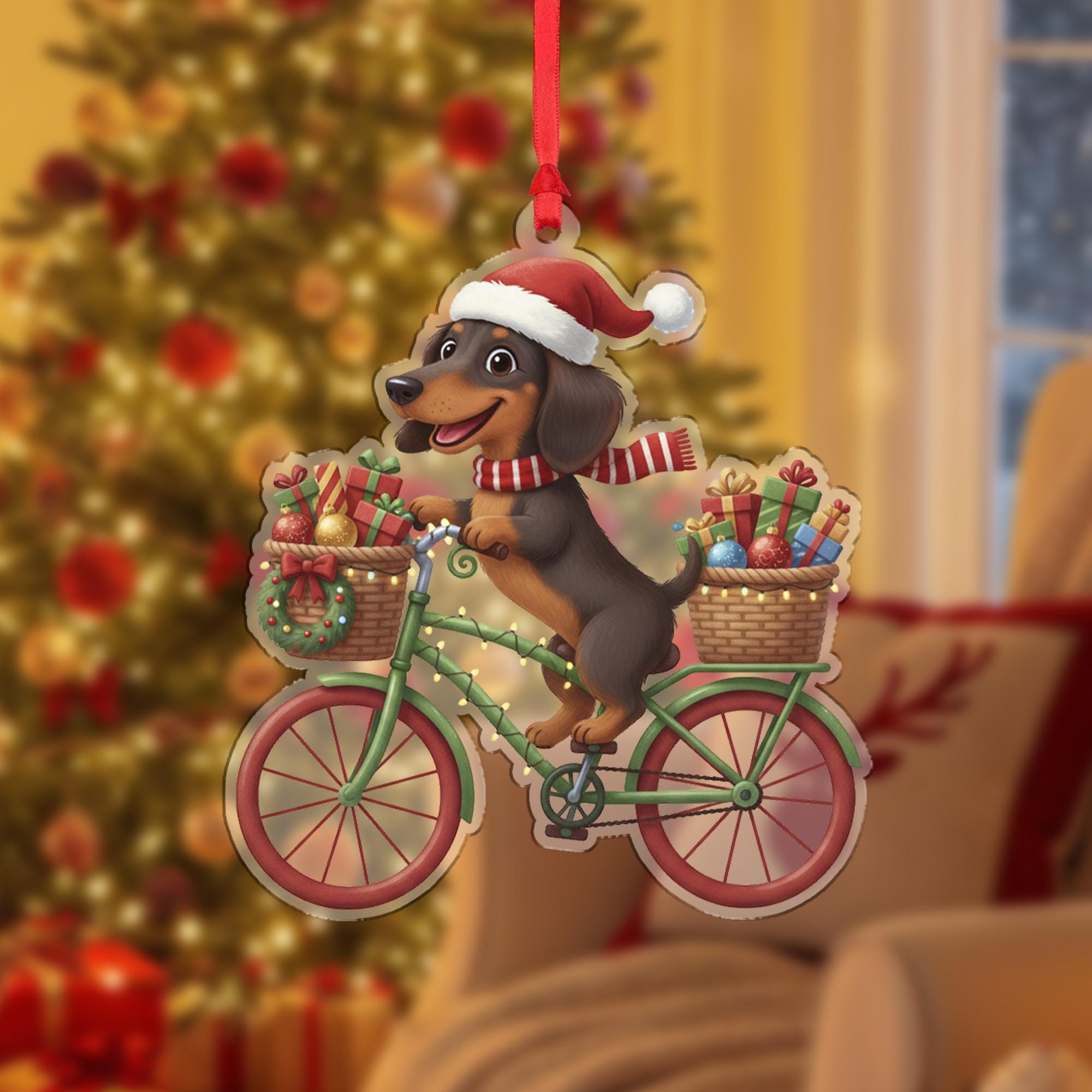 Personalized Dachshund Ornament: Christmas Dog on Bicycle with Gifts, Holiday Tree Decoration
