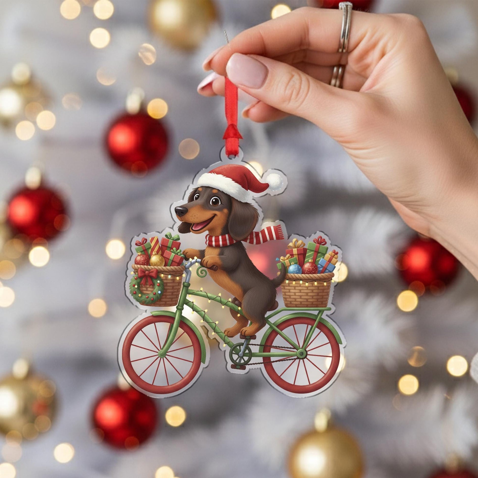 Personalized Dachshund Ornament: Christmas Dog on Bicycle with Gifts, Holiday Tree Decoration