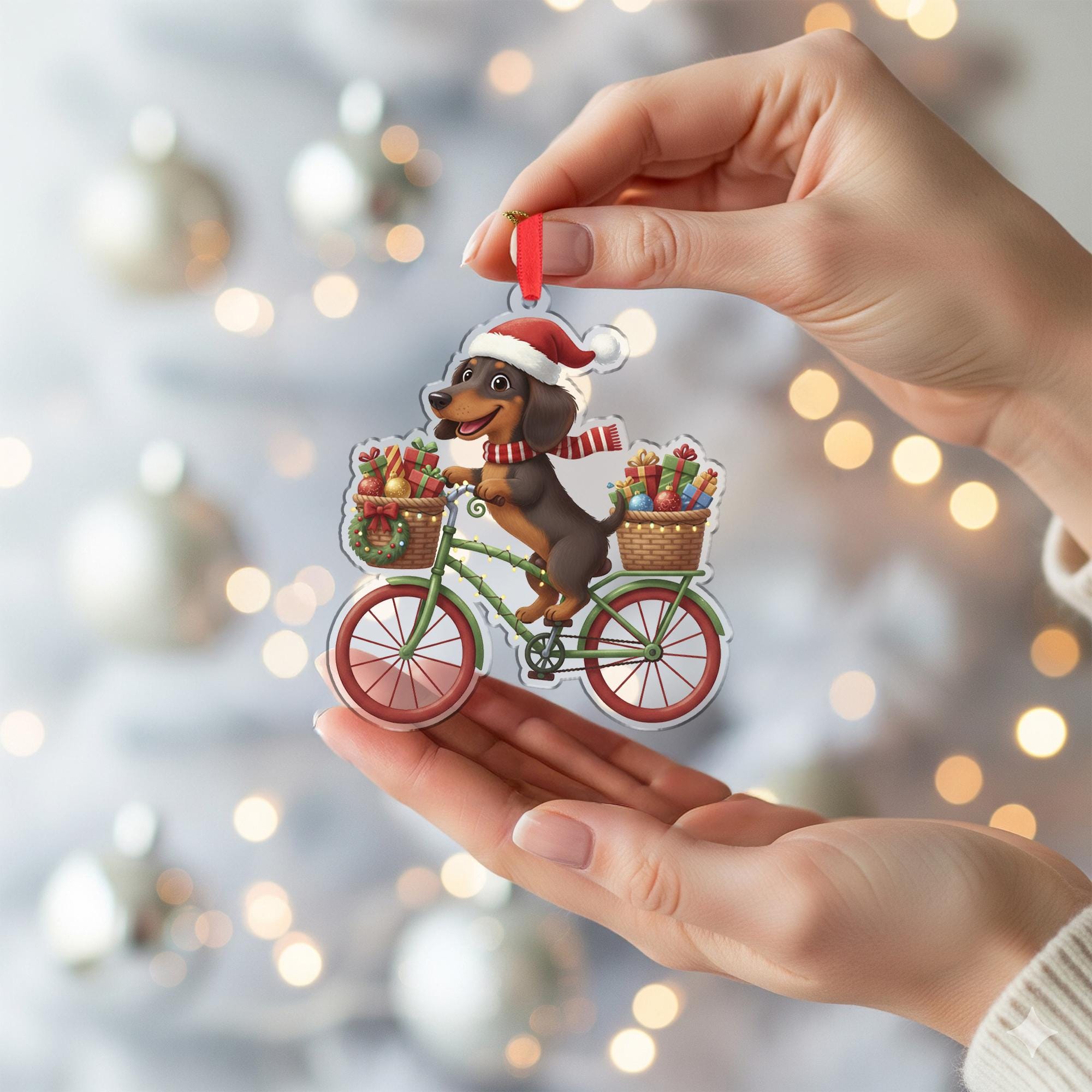 Personalized Dachshund Ornament: Christmas Dog on Bicycle with Gifts, Holiday Tree Decoration