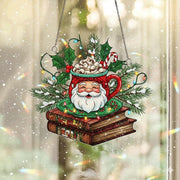 Christmas window hanging with Santa mug and books, coffee lover suncatcher