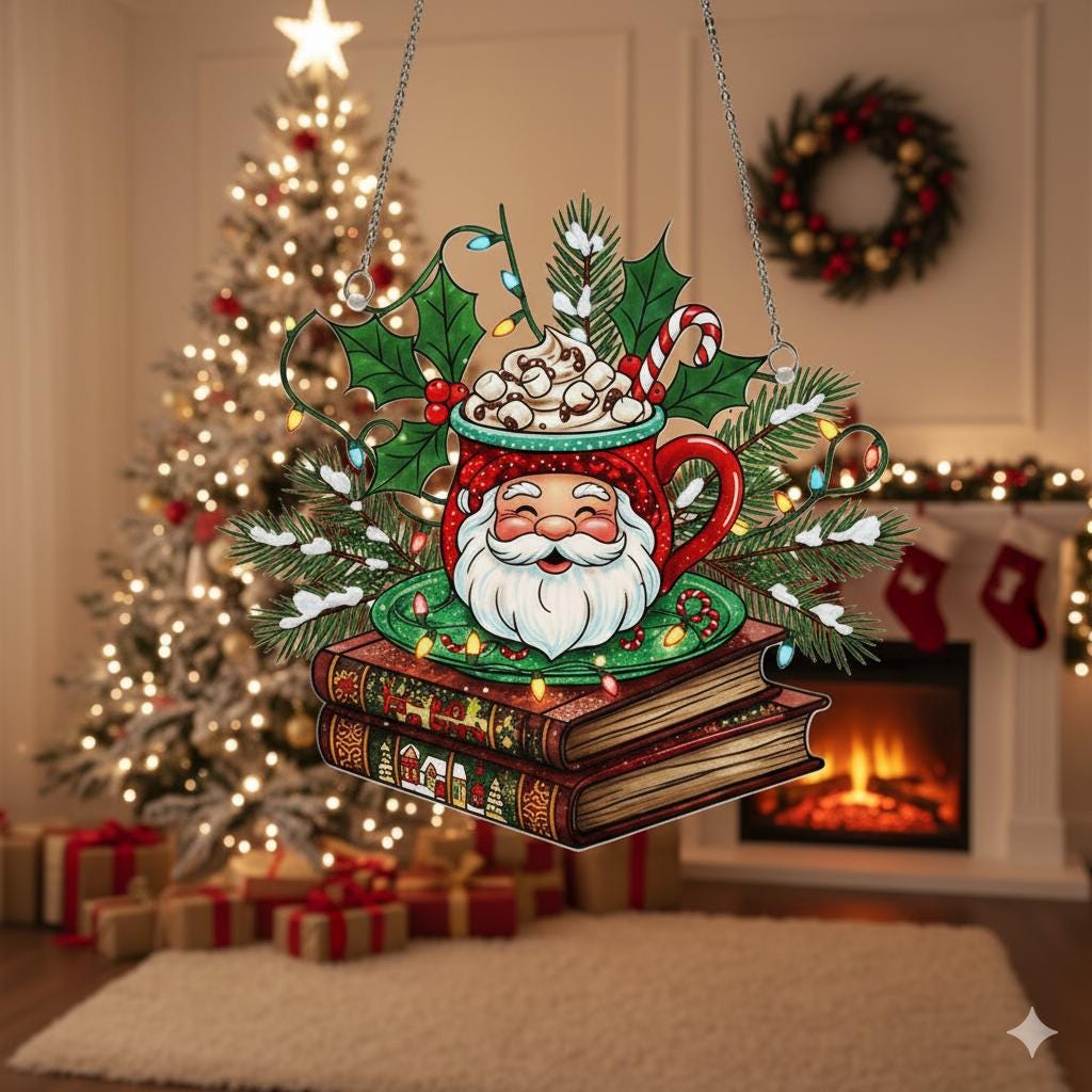 Christmas window hanging with Santa mug and books, coffee lover suncatcher