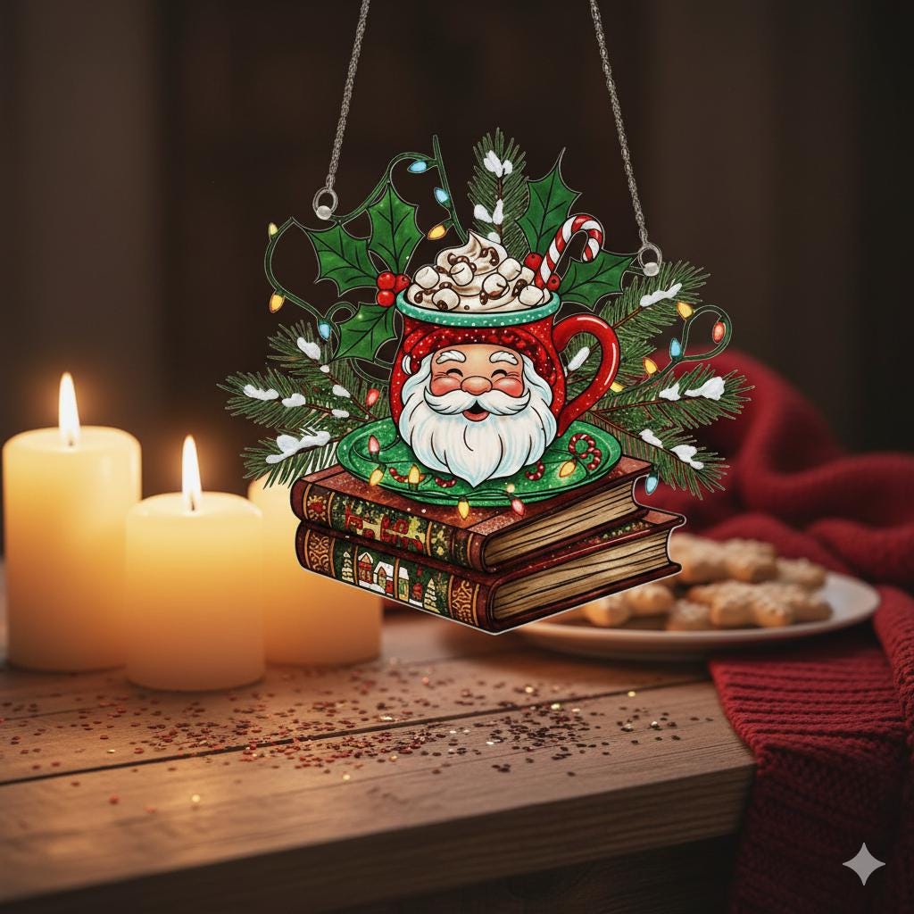 Christmas window hanging with Santa mug and books, coffee lover suncatcher