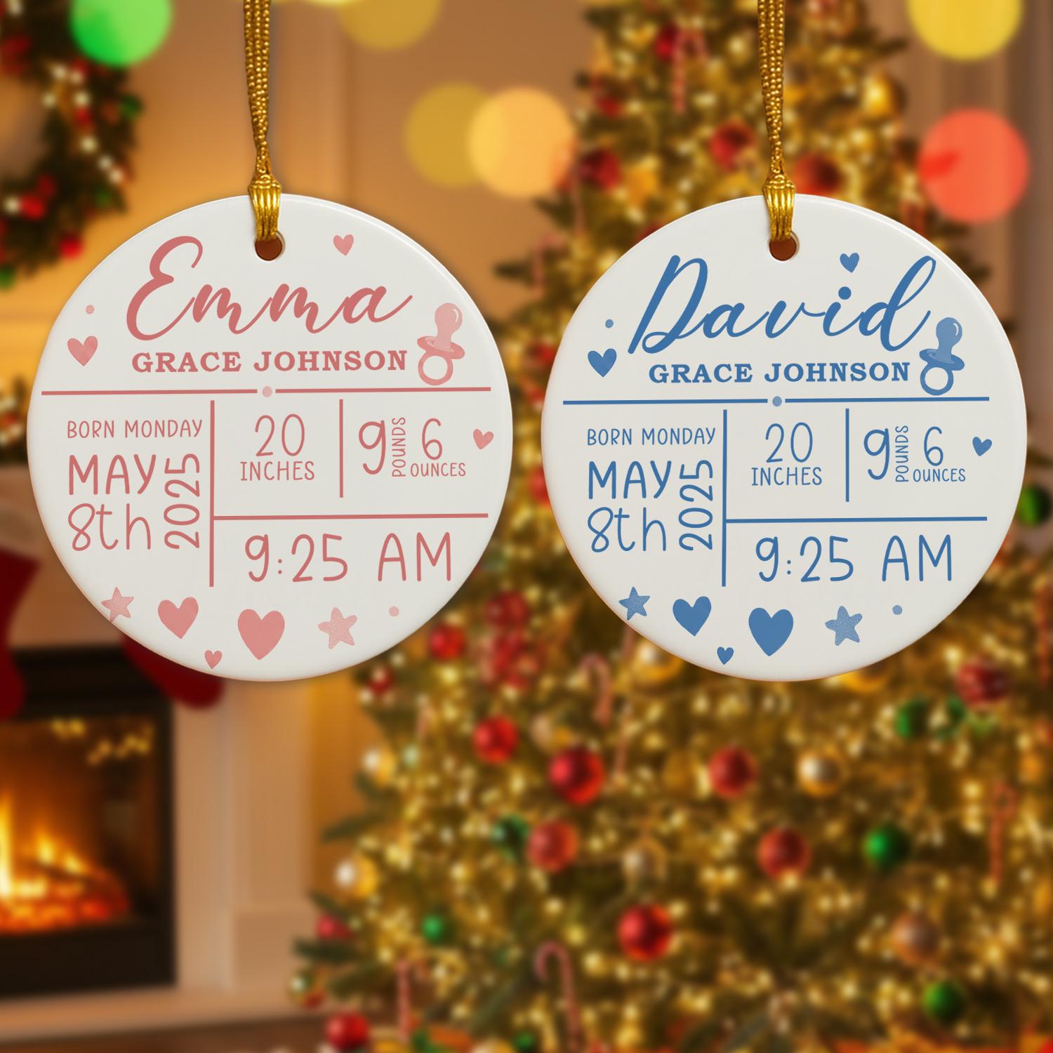 Personalized Baby Birth Stats Ornament – Custom Ceramic Keepsake Newborn Gift