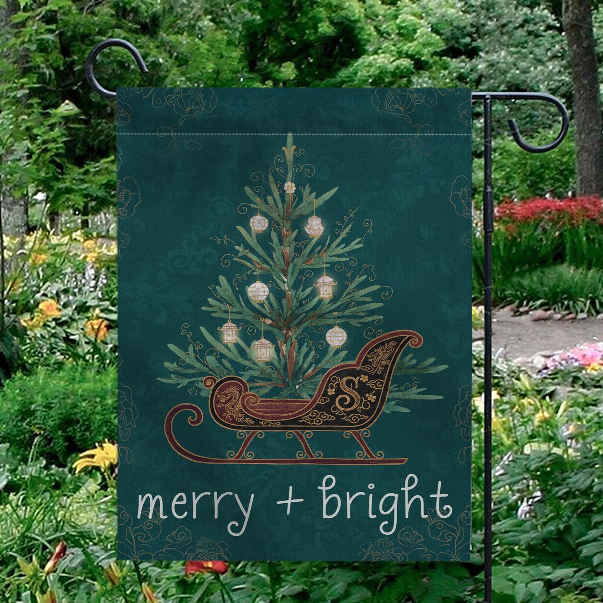 Custom Chinoiserie Christmas Garden Flag – Merry and Bright Outdoor Holiday Yard Decor