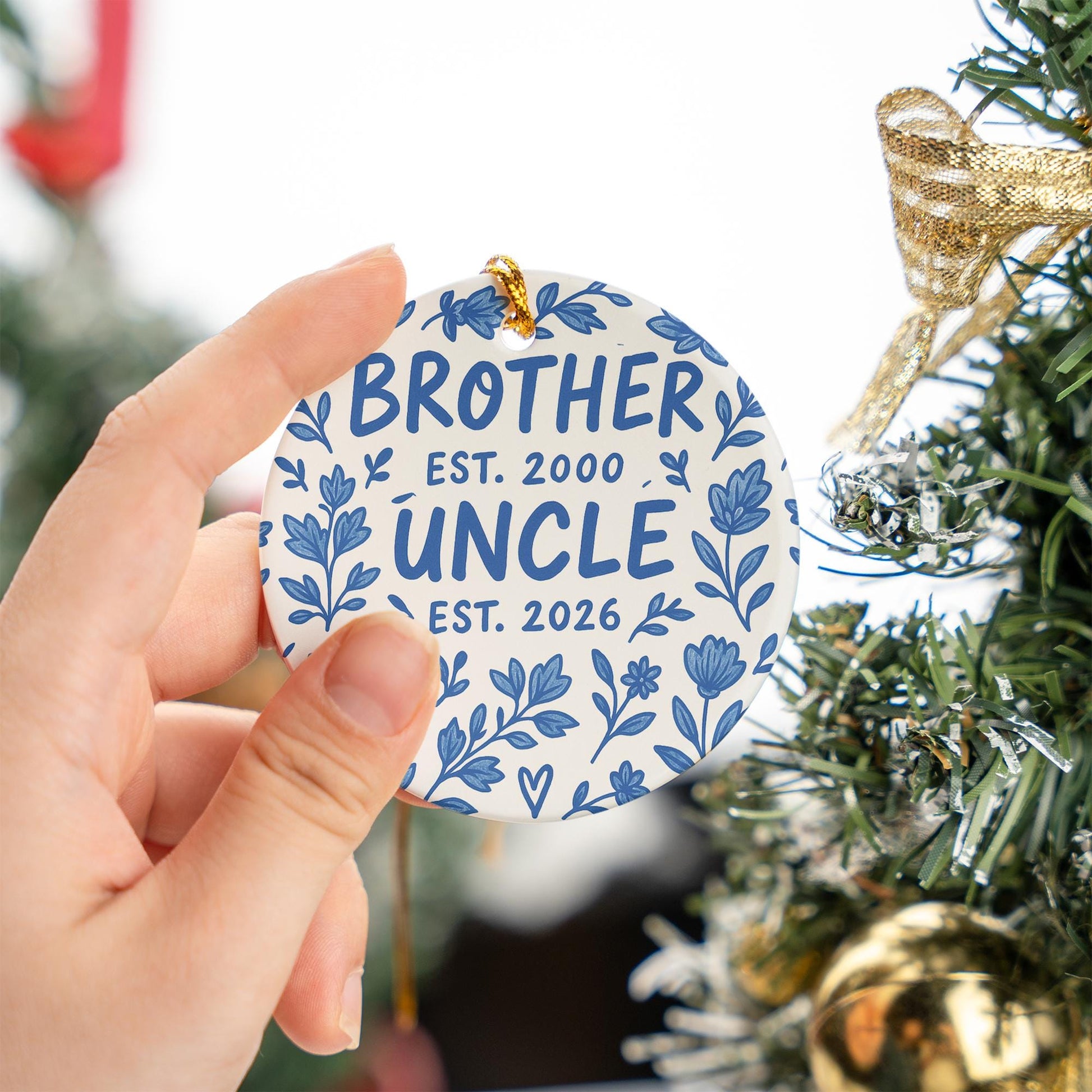 Baby Announcement Ornament, Ceramic Round, Personalized Est Year Text, Brother or Uncle, Blue Floral