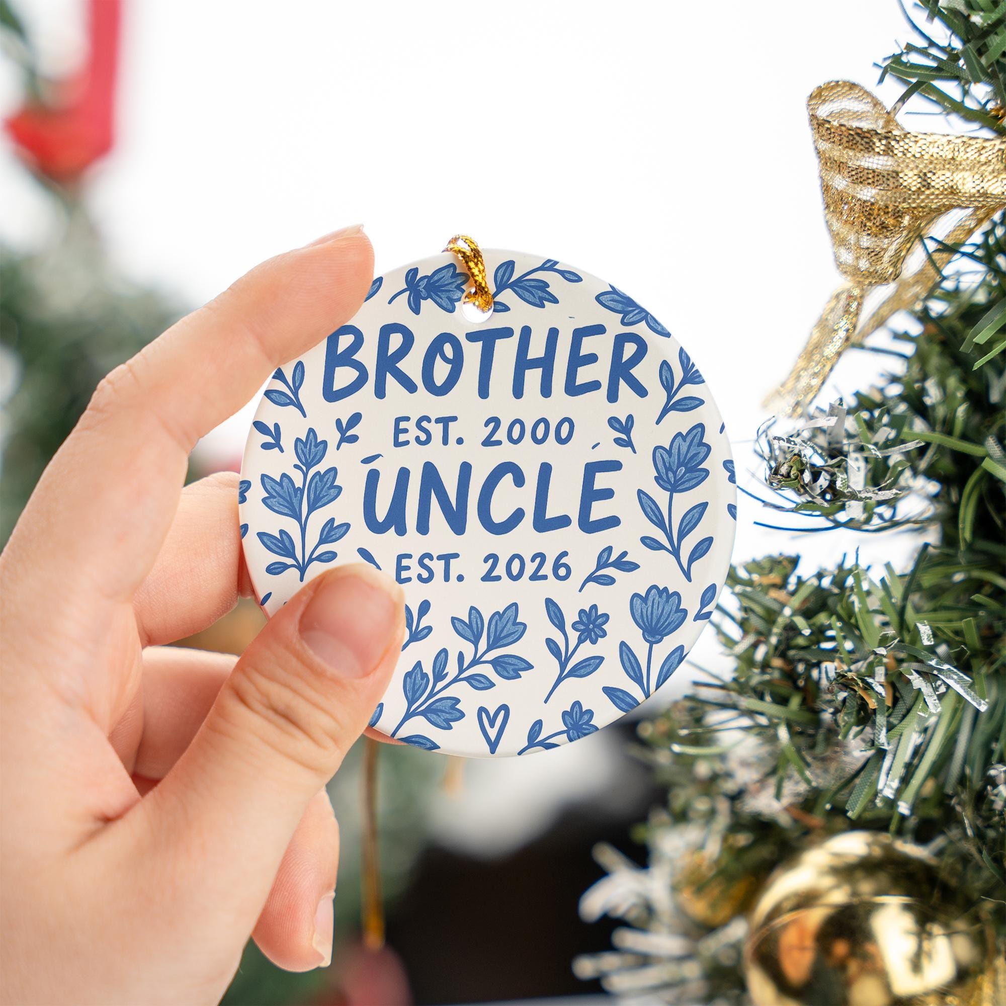 Baby Announcement Ornament, Ceramic Round, Personalized Est Year Text, Brother or Uncle, Blue Floral