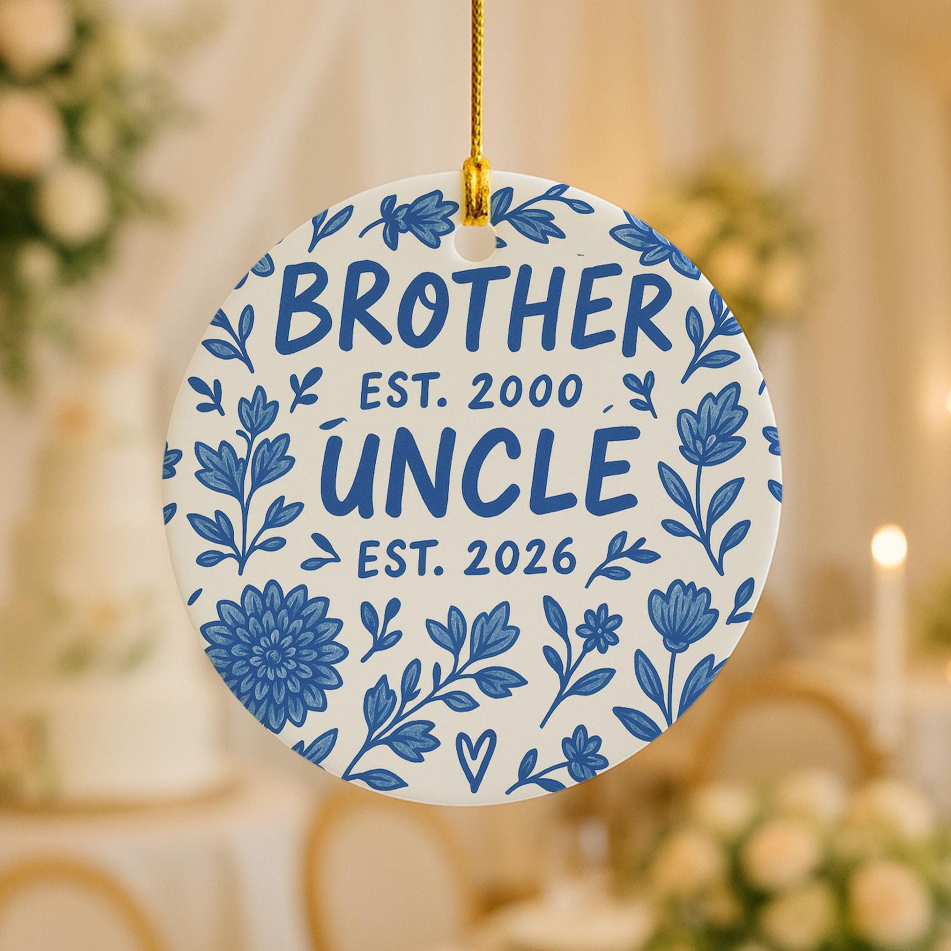 Baby Announcement Ornament, Ceramic Round, Personalized Est Year Text, Brother or Uncle, Blue Floral