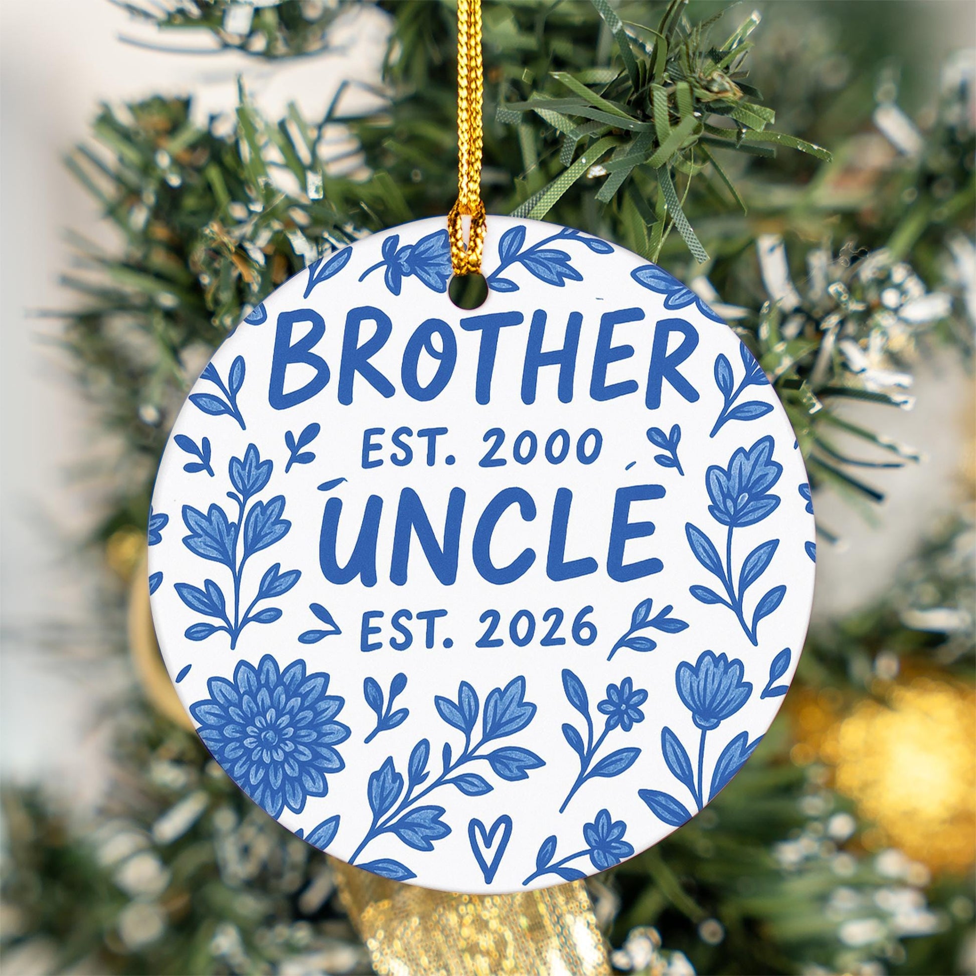 Baby Announcement Ornament, Ceramic Round, Personalized Est Year Text, Brother or Uncle, Blue Floral