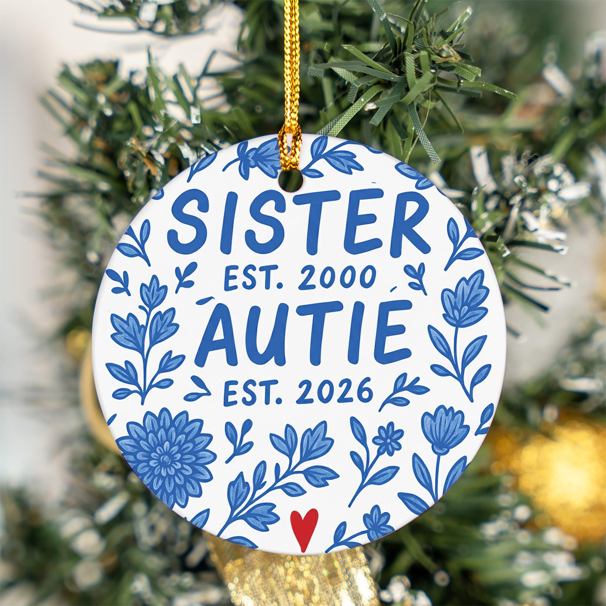 Baby Announcement Ornament, Ceramic Round, Personalized Est Year Text, Sister or Auntie, Blue Floral