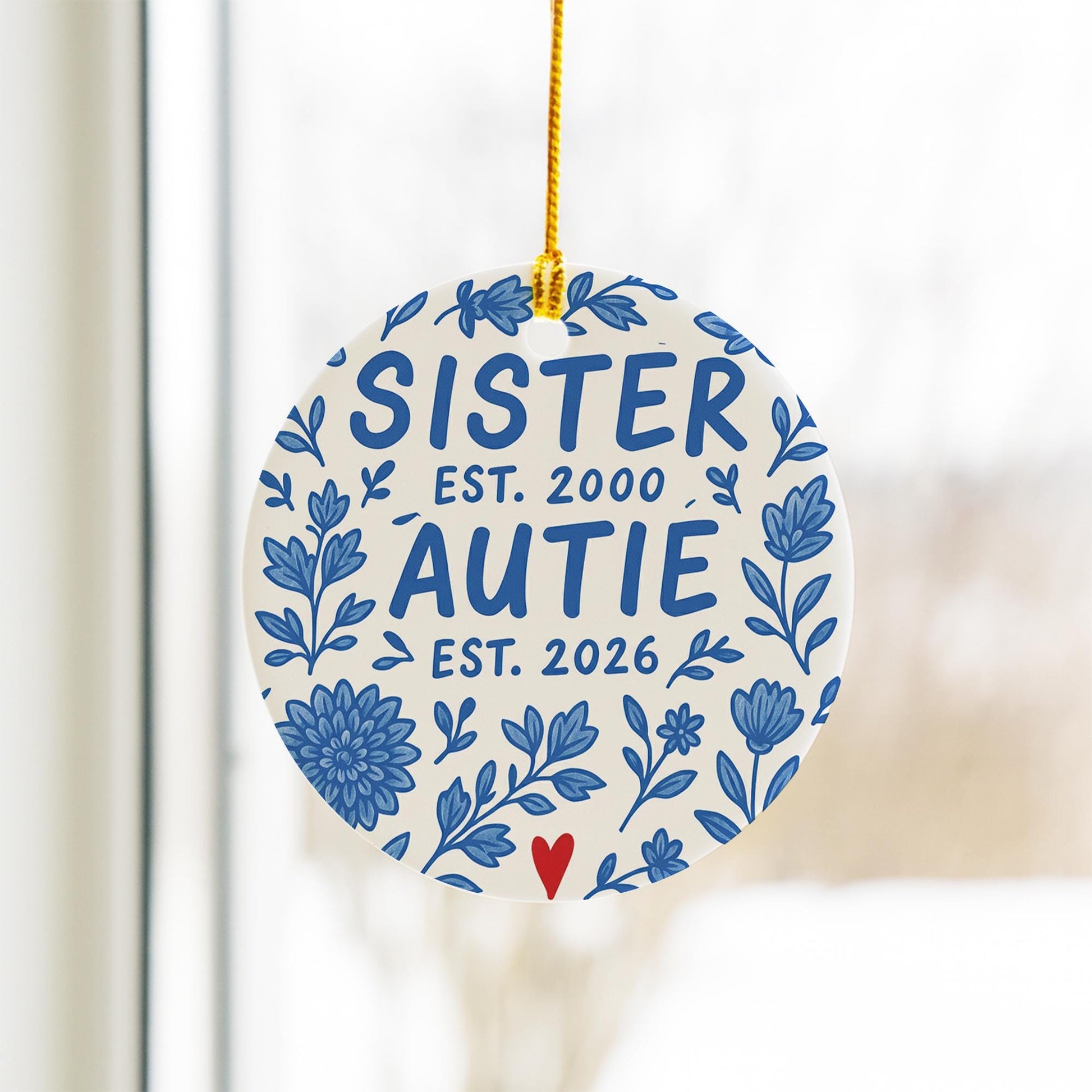 Baby Announcement Ornament, Ceramic Round, Personalized Est Year Text, Sister or Auntie, Blue Floral