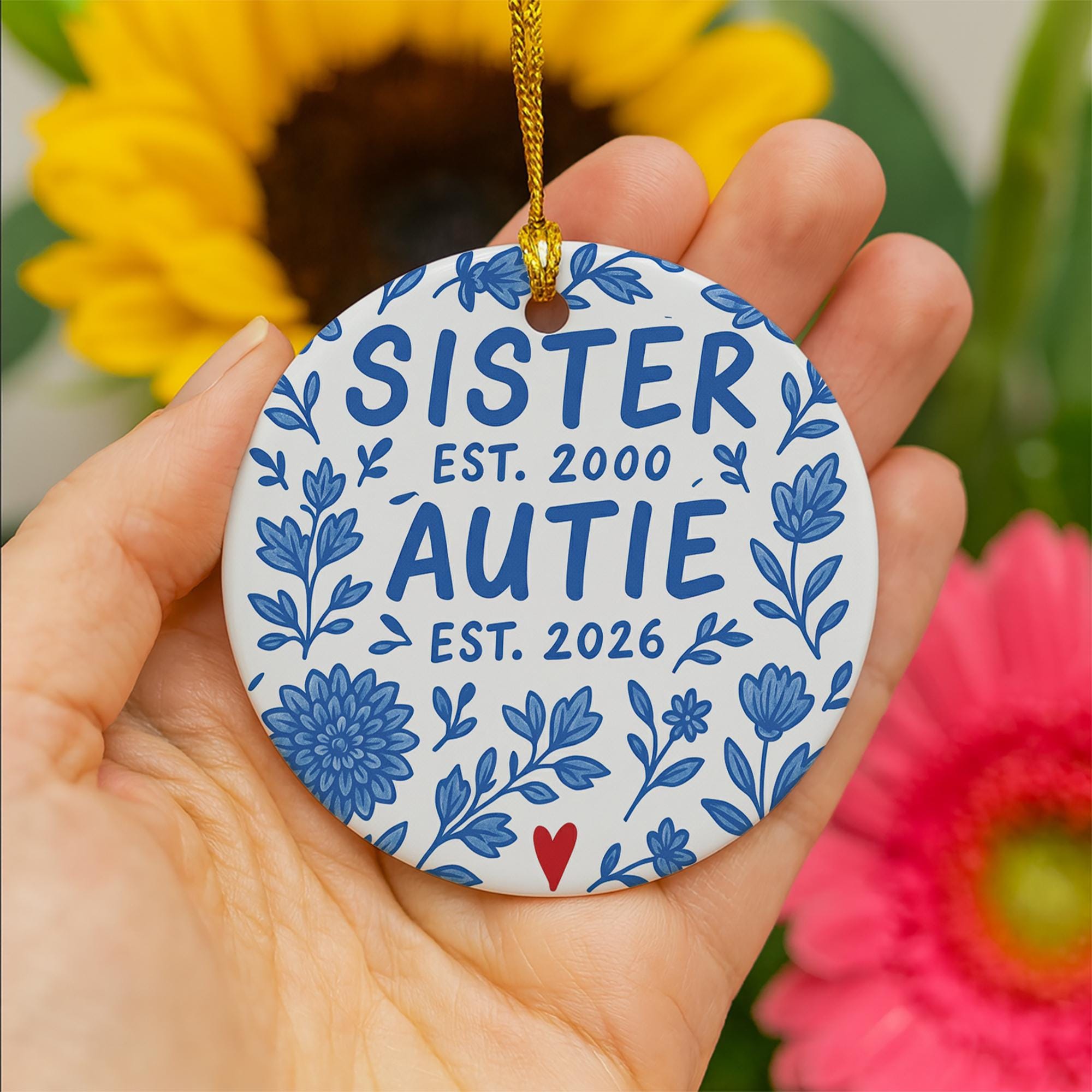 Baby Announcement Ornament, Ceramic Round, Personalized Est Year Text, Sister or Auntie, Blue Floral