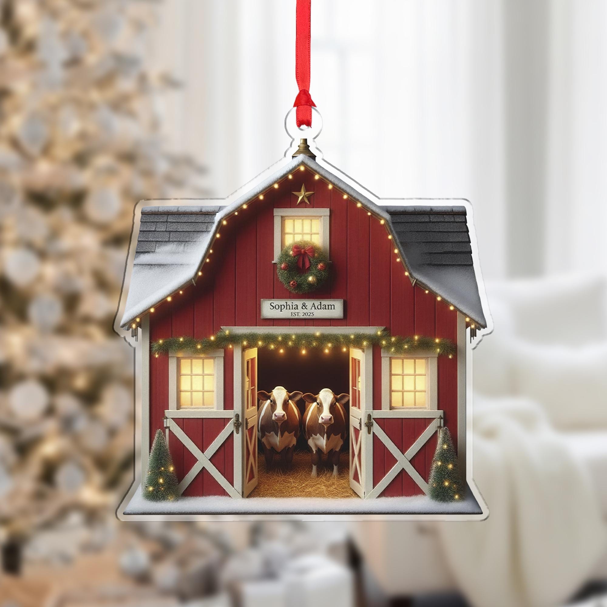 Cow Couple Barn Ornament — Personalized Farm Animal Christmas Tree Decoration
