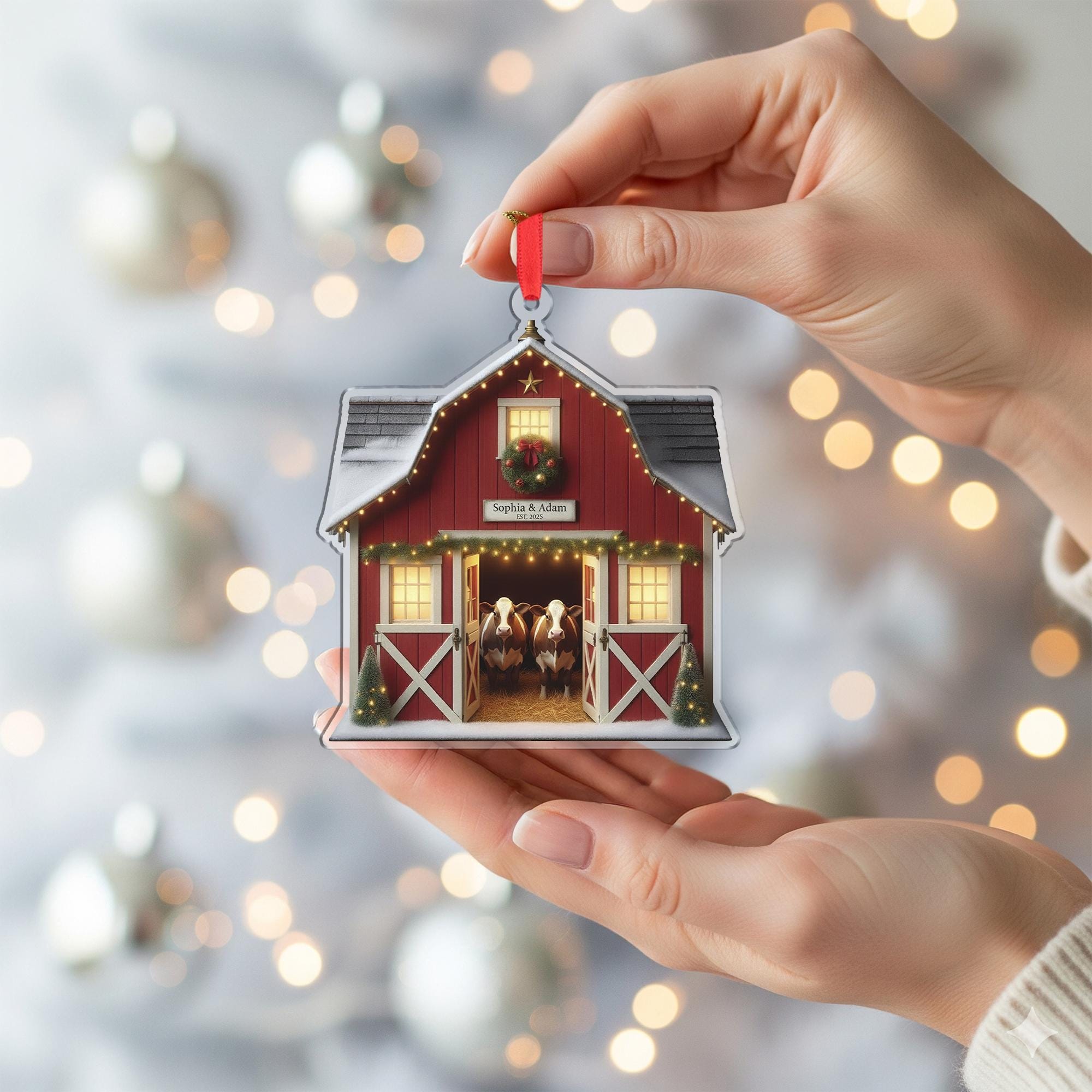 Cow Couple Barn Ornament — Personalized Farm Animal Christmas Tree Decoration