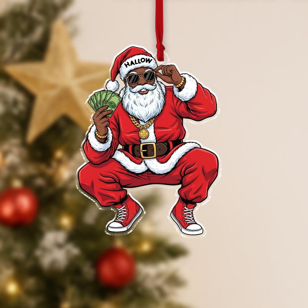 Cool Black Santa Ornament with Money – Hip Hop Christmas Decoration – Custom Acrylic Ornament