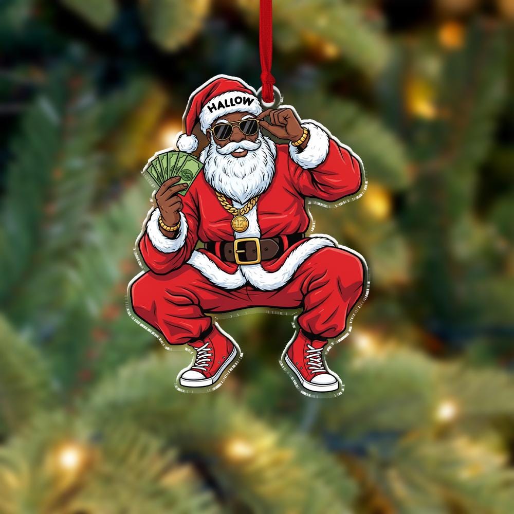 Cool Black Santa Ornament with Money – Hip Hop Christmas Decoration – Custom Acrylic Ornament