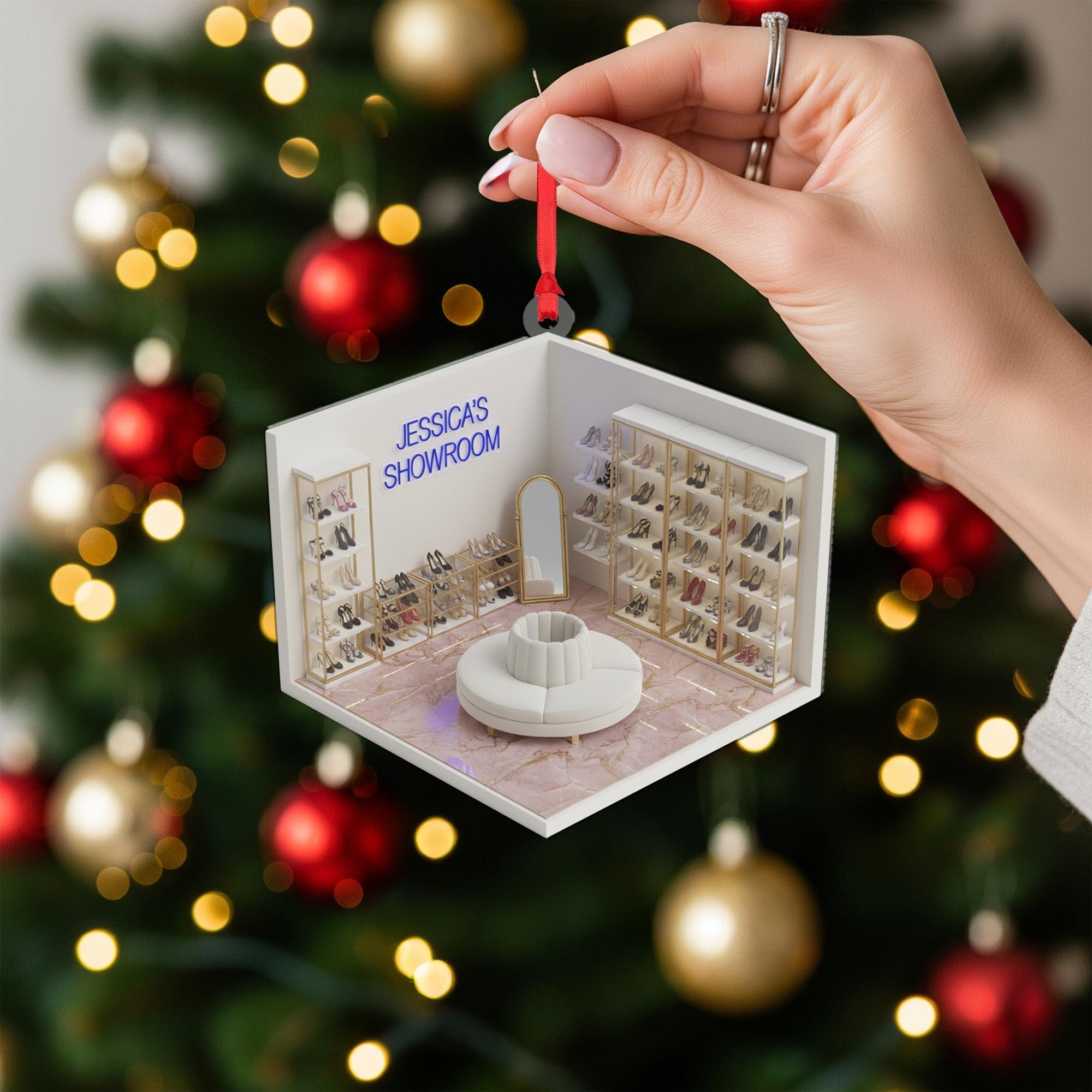 Personalized Shoe Showroom Ornament, Custom Name Christmas Tree Decoration with Closet and Mirror Design