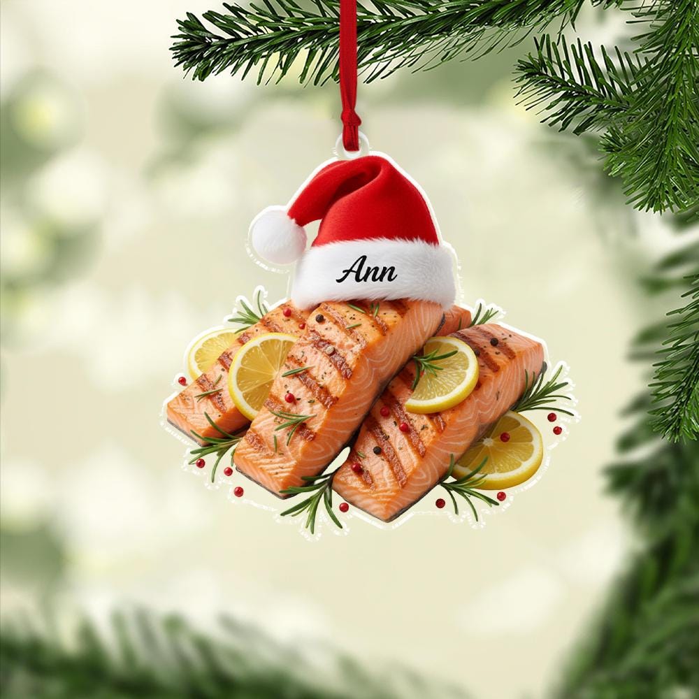 Personalized Salmon Ornament – Acrylic Fish & Hat Charm