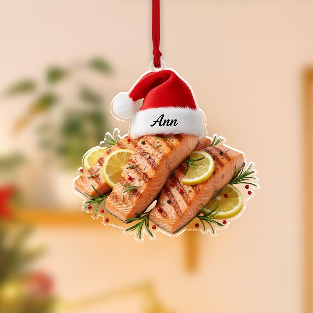 Personalized Salmon Ornament – Acrylic Fish & Hat Charm