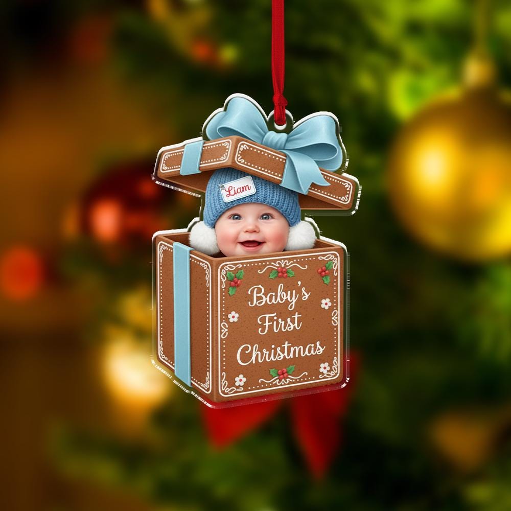 Acrylic Ornament: Baby in Gift Box Keepsake – First Christmas Photo Design