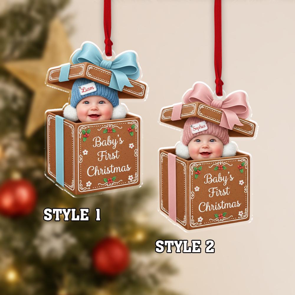 Acrylic Ornament: Baby in Gift Box Keepsake – First Christmas Photo Design