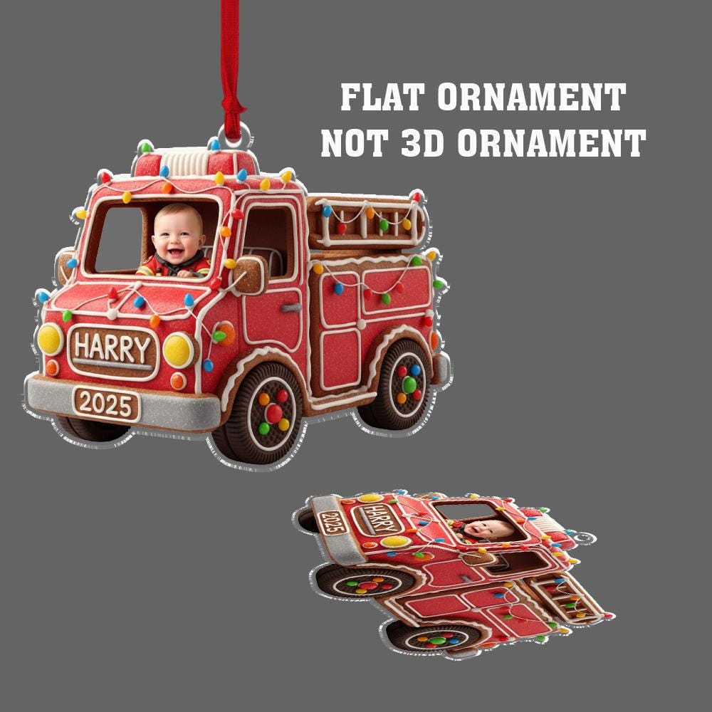 Custom Baby Photo Ornament, Fire Truck Christmas Decoration, Personalized Kids Holiday Keepsake