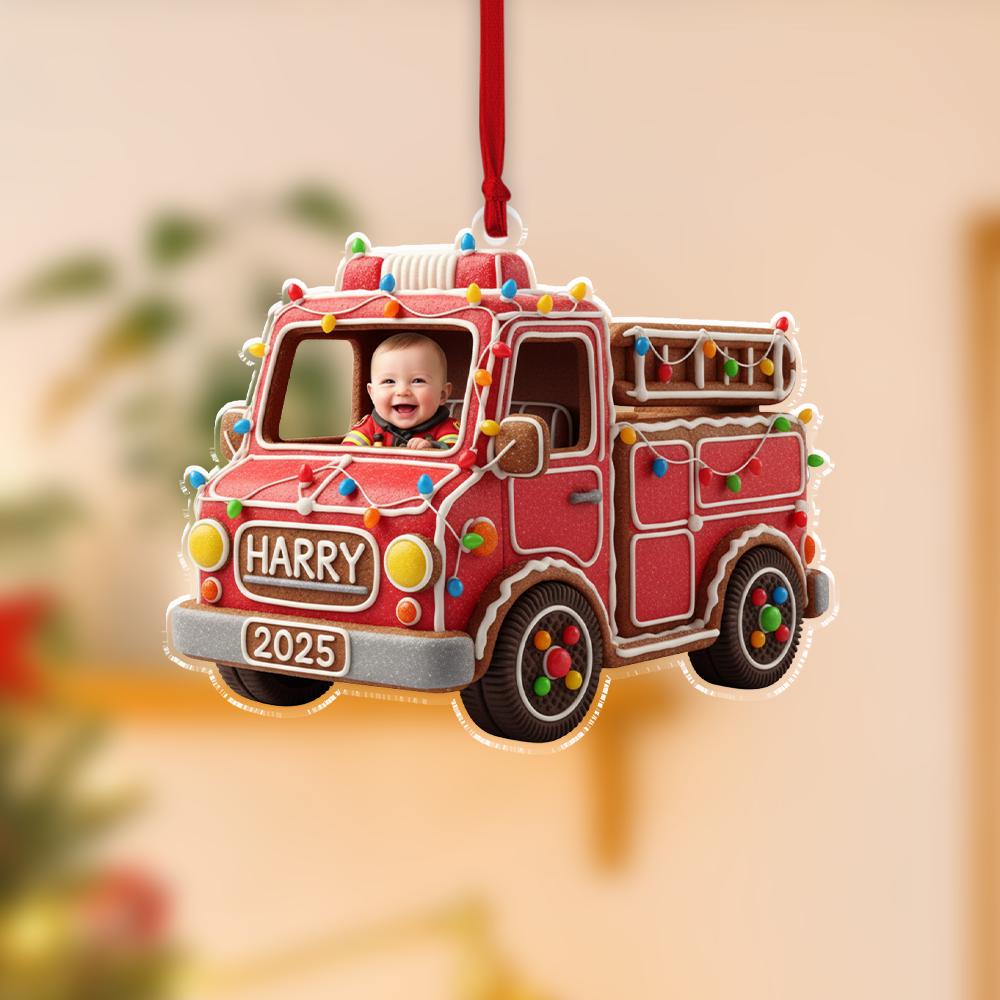 Custom Baby Photo Ornament, Fire Truck Christmas Decoration, Personalized Kids Holiday Keepsake