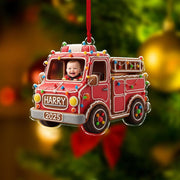 Custom Baby Photo Ornament, Fire Truck Christmas Decoration, Personalized Kids Holiday Keepsake