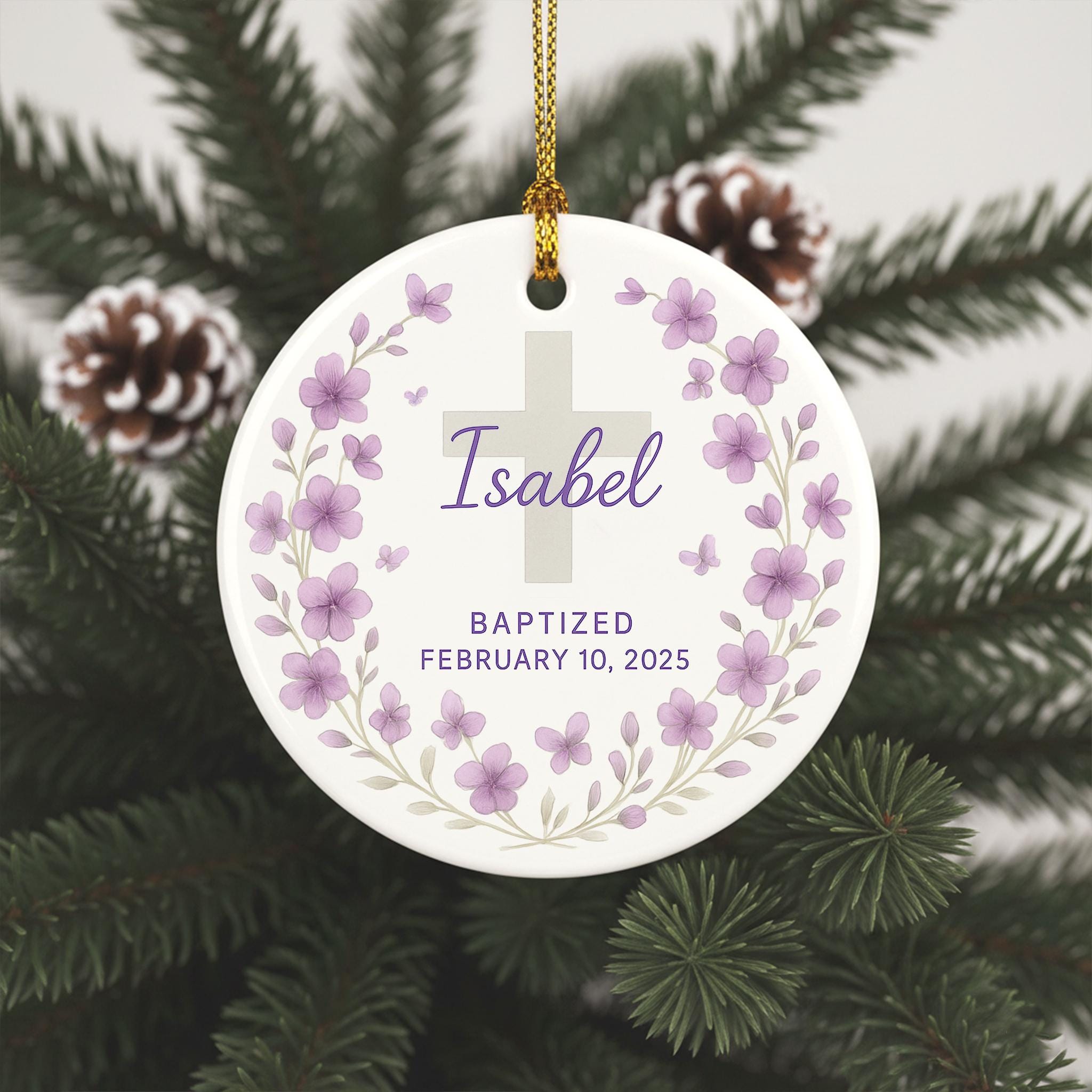 Personalized Baptism Birth Mothn Flower Ceramic Ornament: Baby Keepsake with Name and Date