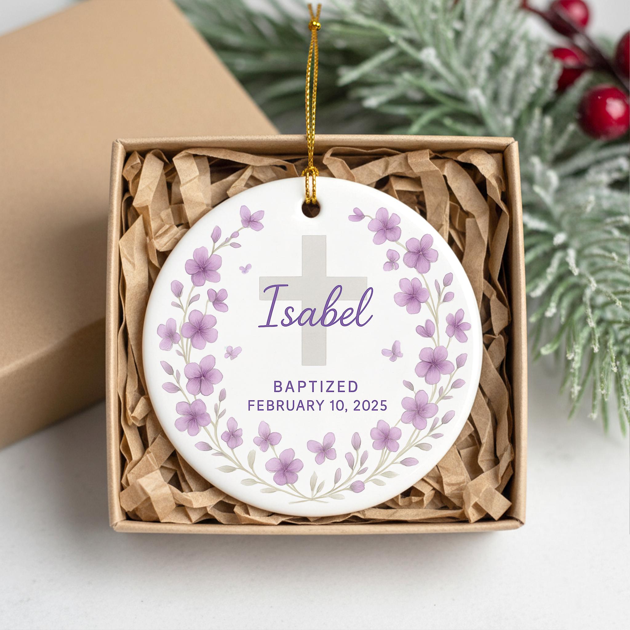 Personalized Baptism Birth Mothn Flower Ceramic Ornament: Baby Keepsake with Name and Date