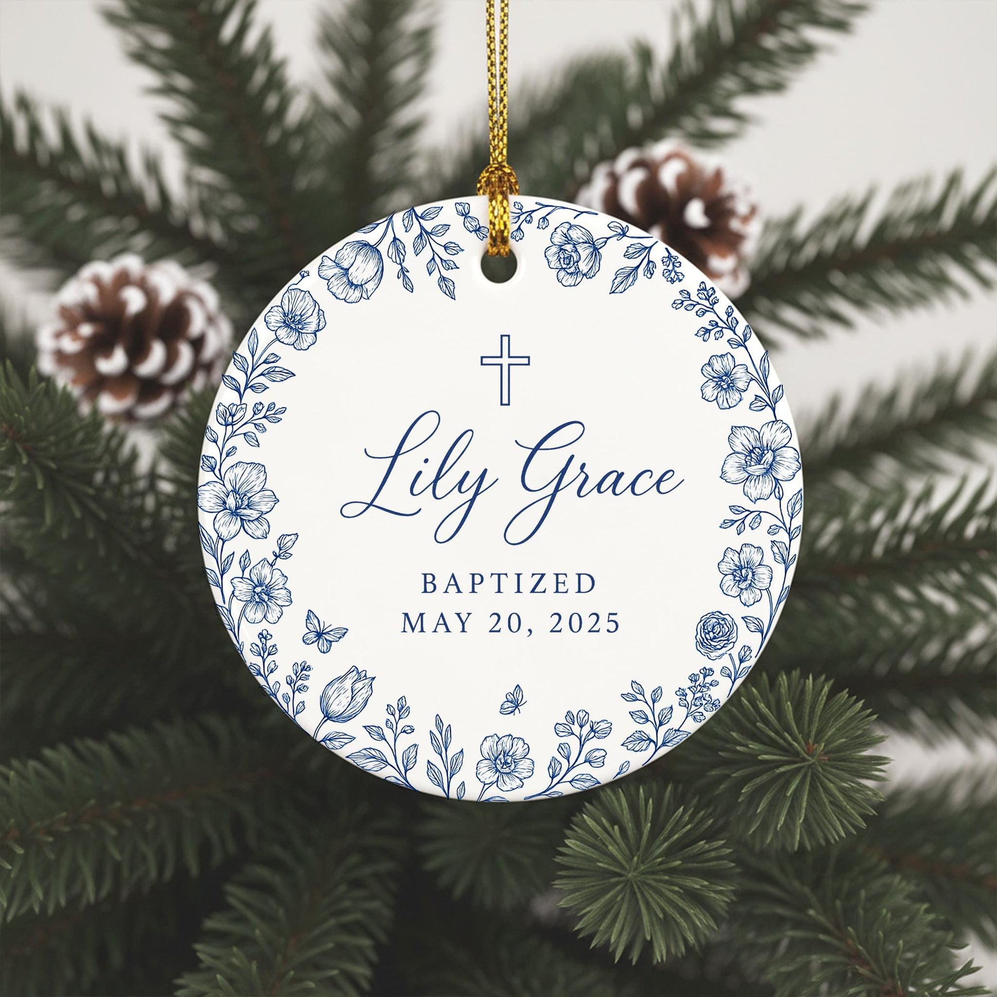 Personalized Baptism Ceramic Christening Ornament, New Baby Girl Keepsake Custom Name and Date