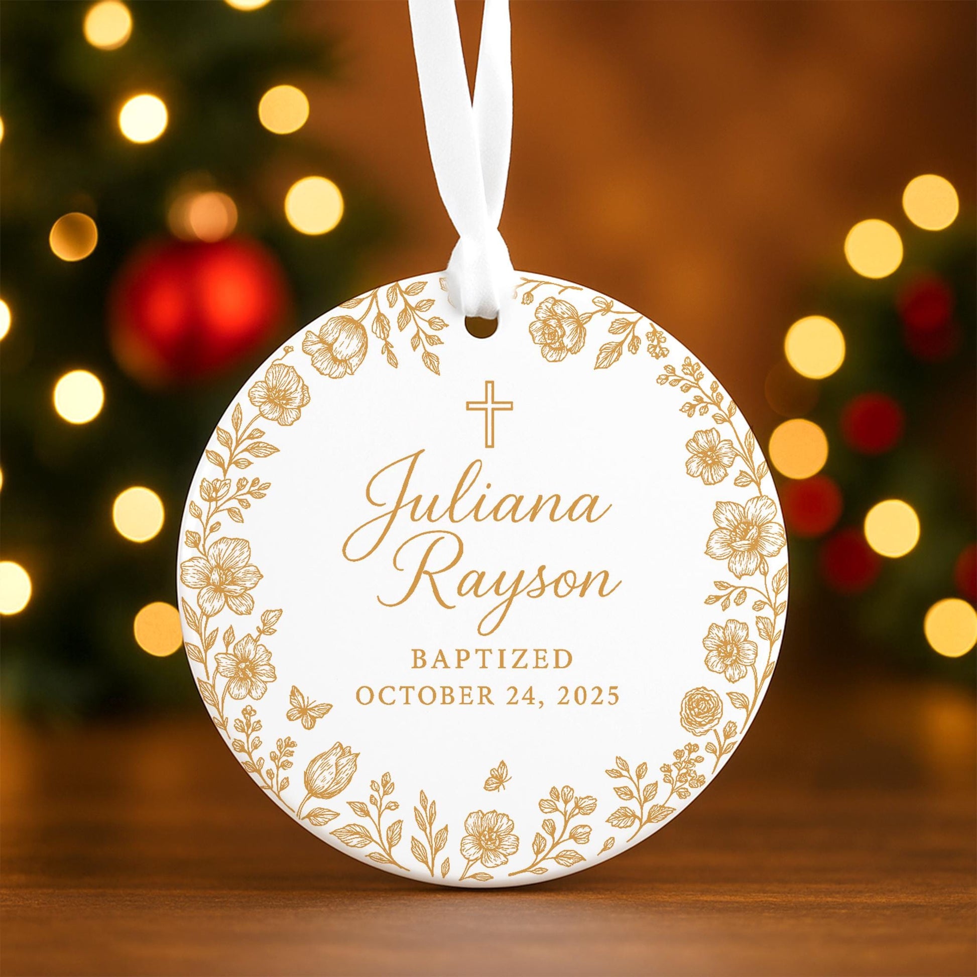 Personalized Baptism Ceramic Christening Ornament, New Baby Girl Keepsake Custom Name and Date