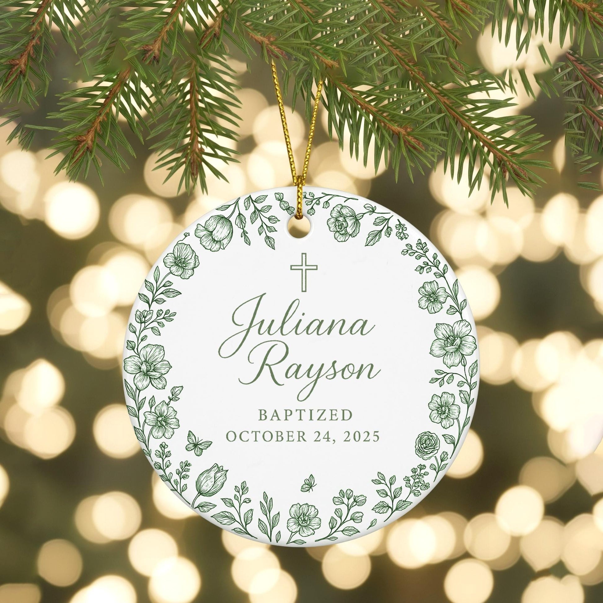 Personalized Baptism Ceramic Christening Ornament, New Baby Girl Keepsake Custom Name and Date