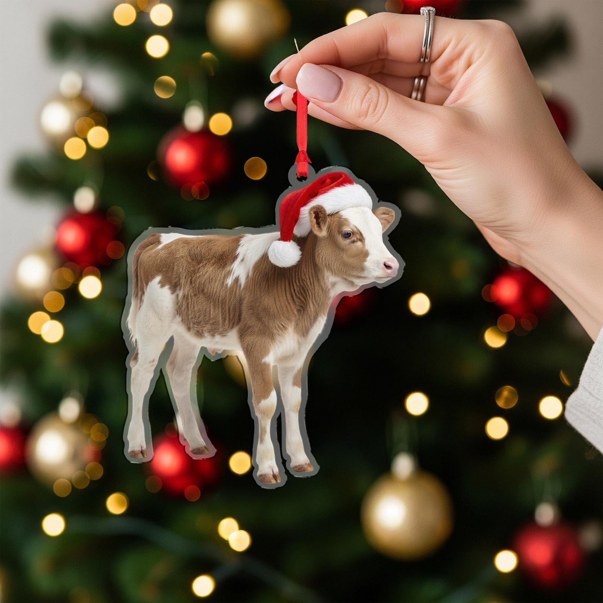 Cow Christmas Ornament – Acrylic Hanging Decoration with Santa Hat Design