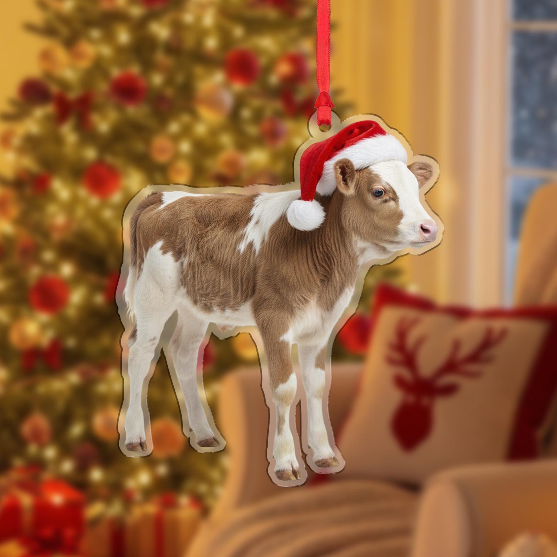Cow Christmas Ornament – Acrylic Hanging Decoration with Santa Hat Design
