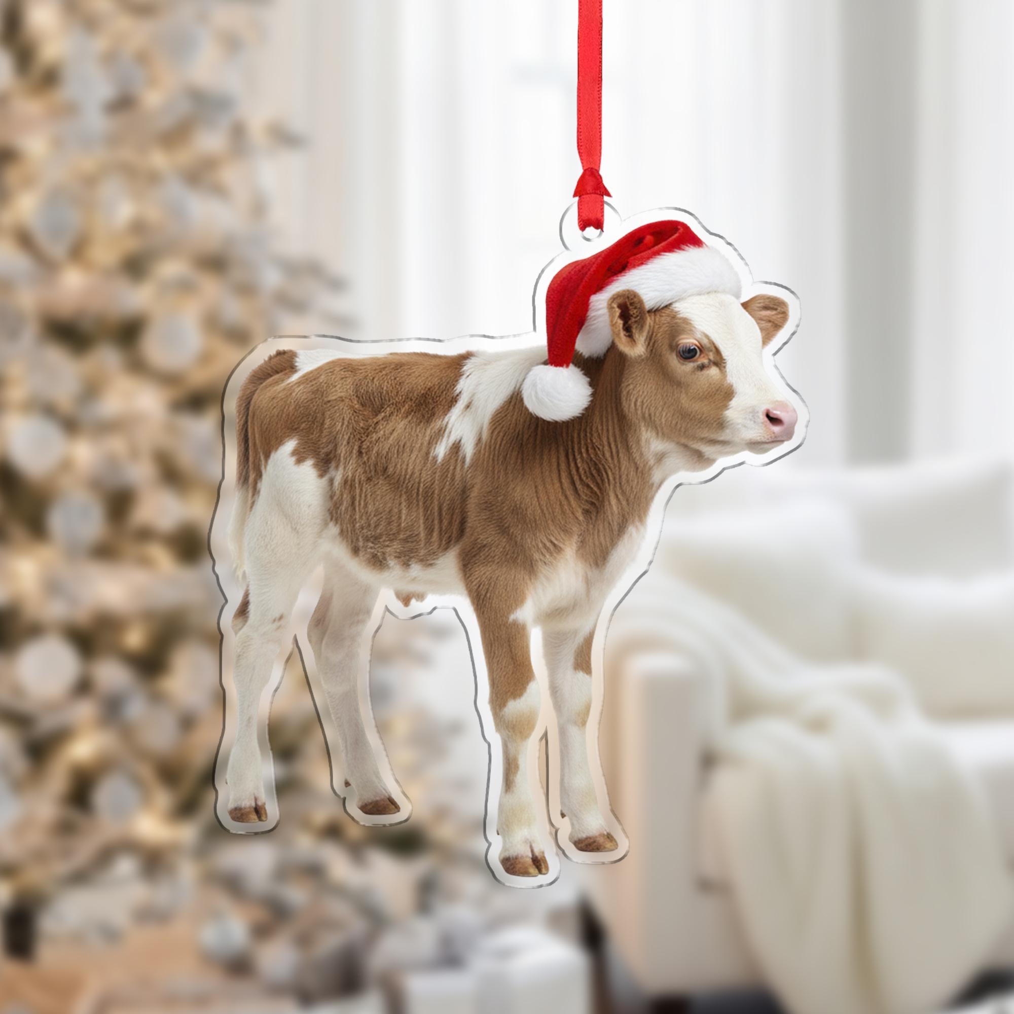 Cow Christmas Ornament – Acrylic Hanging Decoration with Santa Hat Design