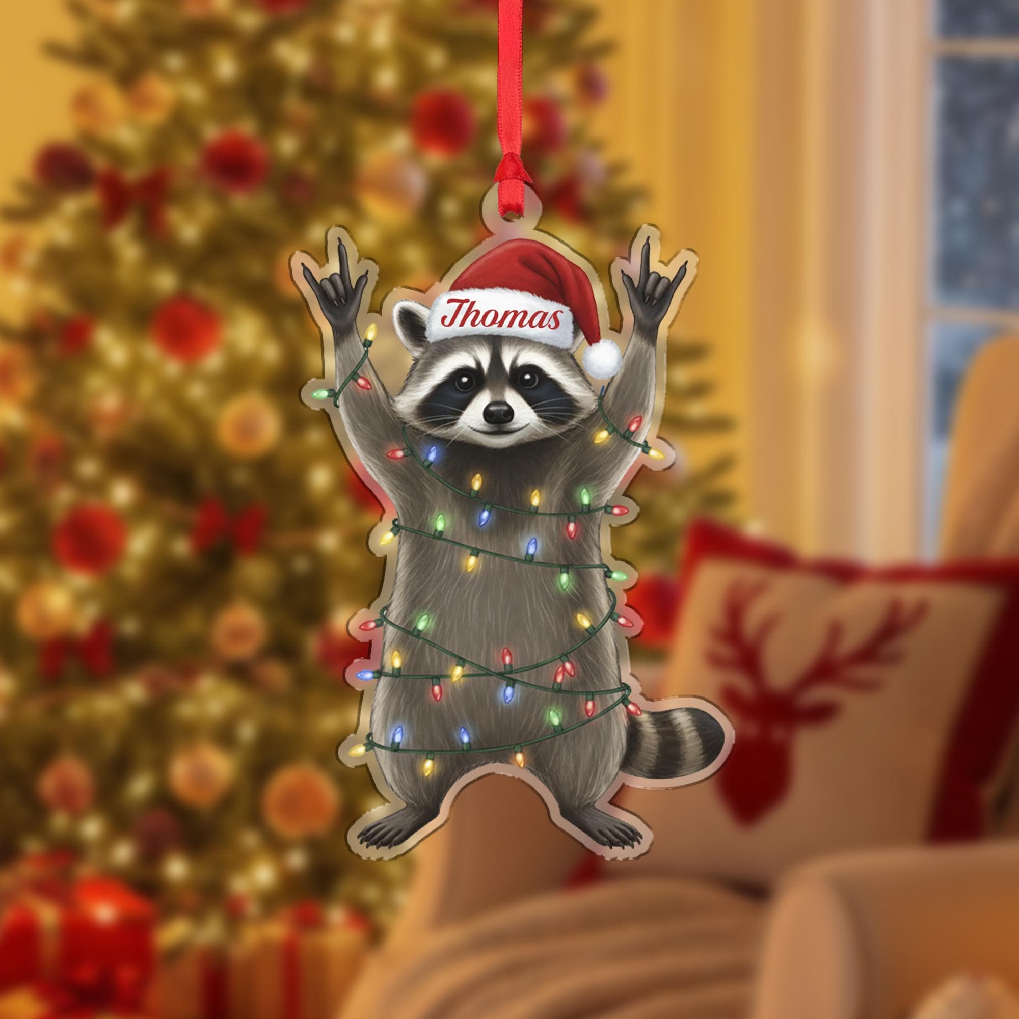 Personalized Raccoon Ornament: Custom Name Christmas Tree Decoration with Santa Hat and Lights