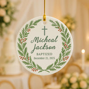 Baptism Ornament – Personalized Baby Name & Date Ceramic Keepsake with Cross